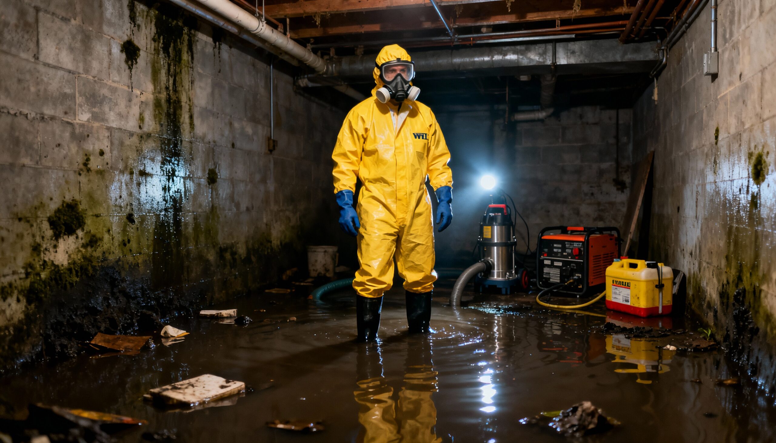 Emergency sewage backup cleanup professional in protective equipment responding to residential flooding
