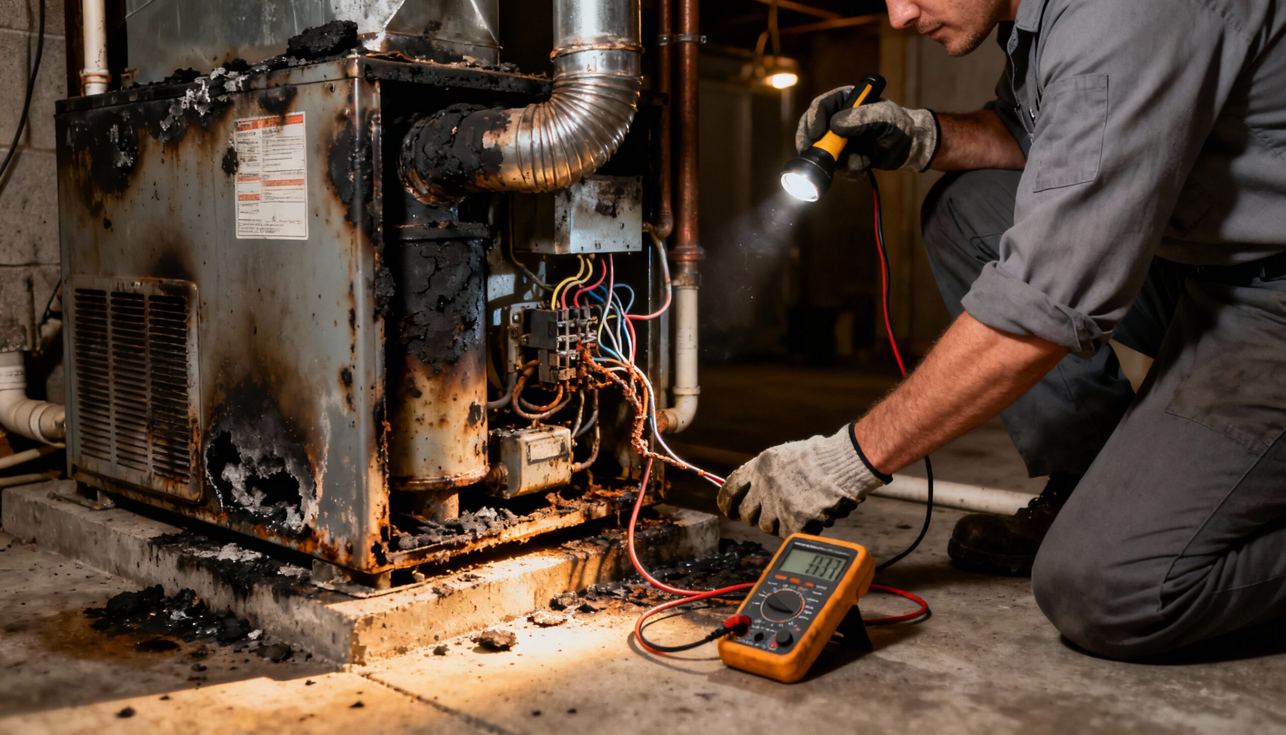Smoke damage HVAC system inspection showing soot contamination on air handler components