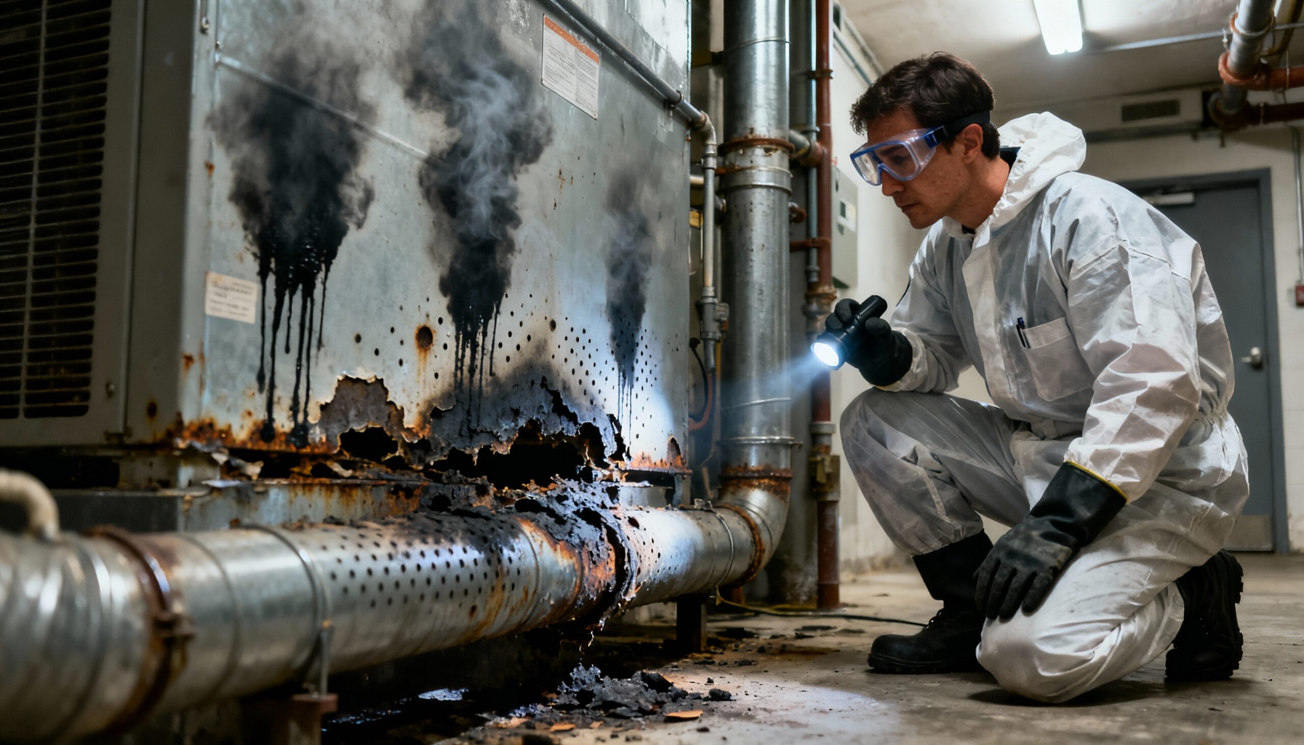 Fire damaged HVAC ductwork assessment by restoration professional