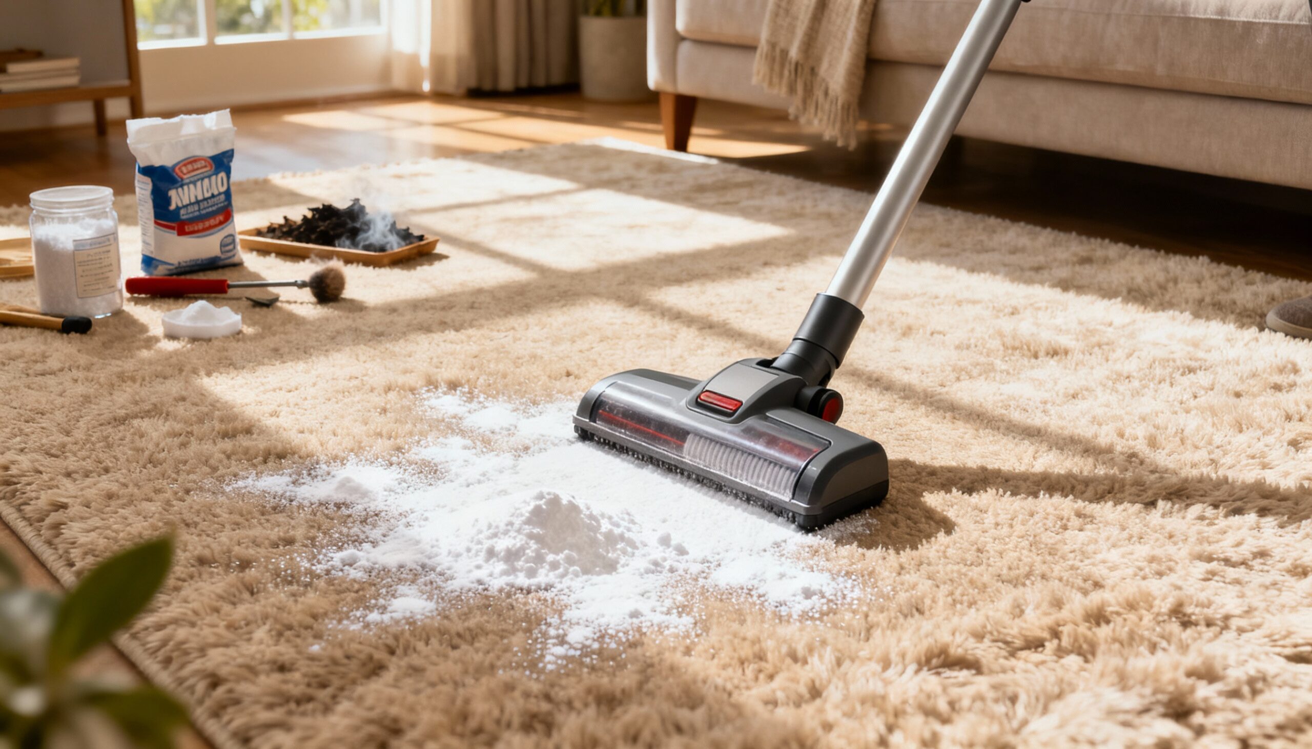 HEPA vacuum and baking soda for effective smoke odor removal from carpets
