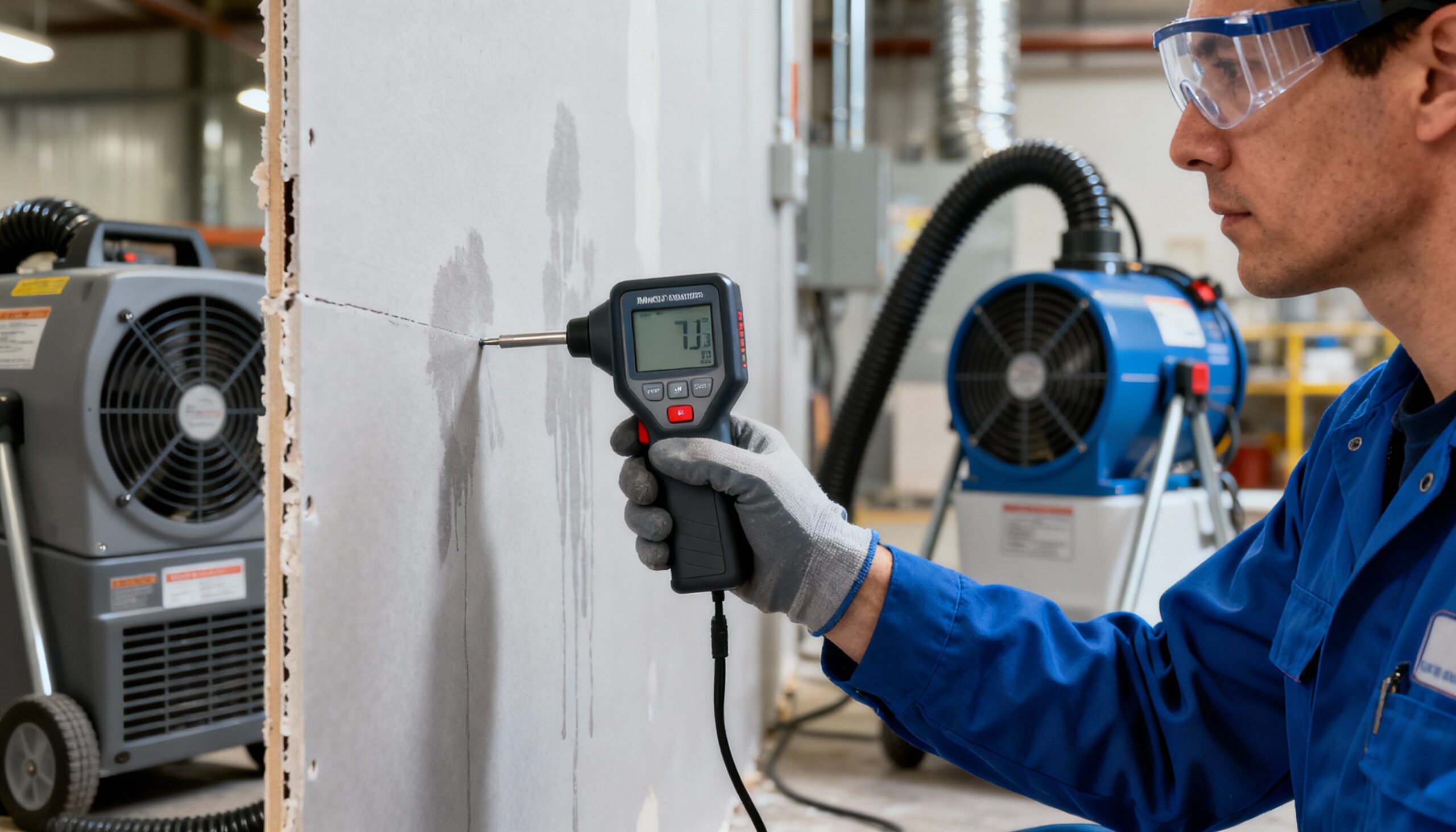 Professional structural drying equipment including dehumidifiers and air movers removing moisture from water damaged building