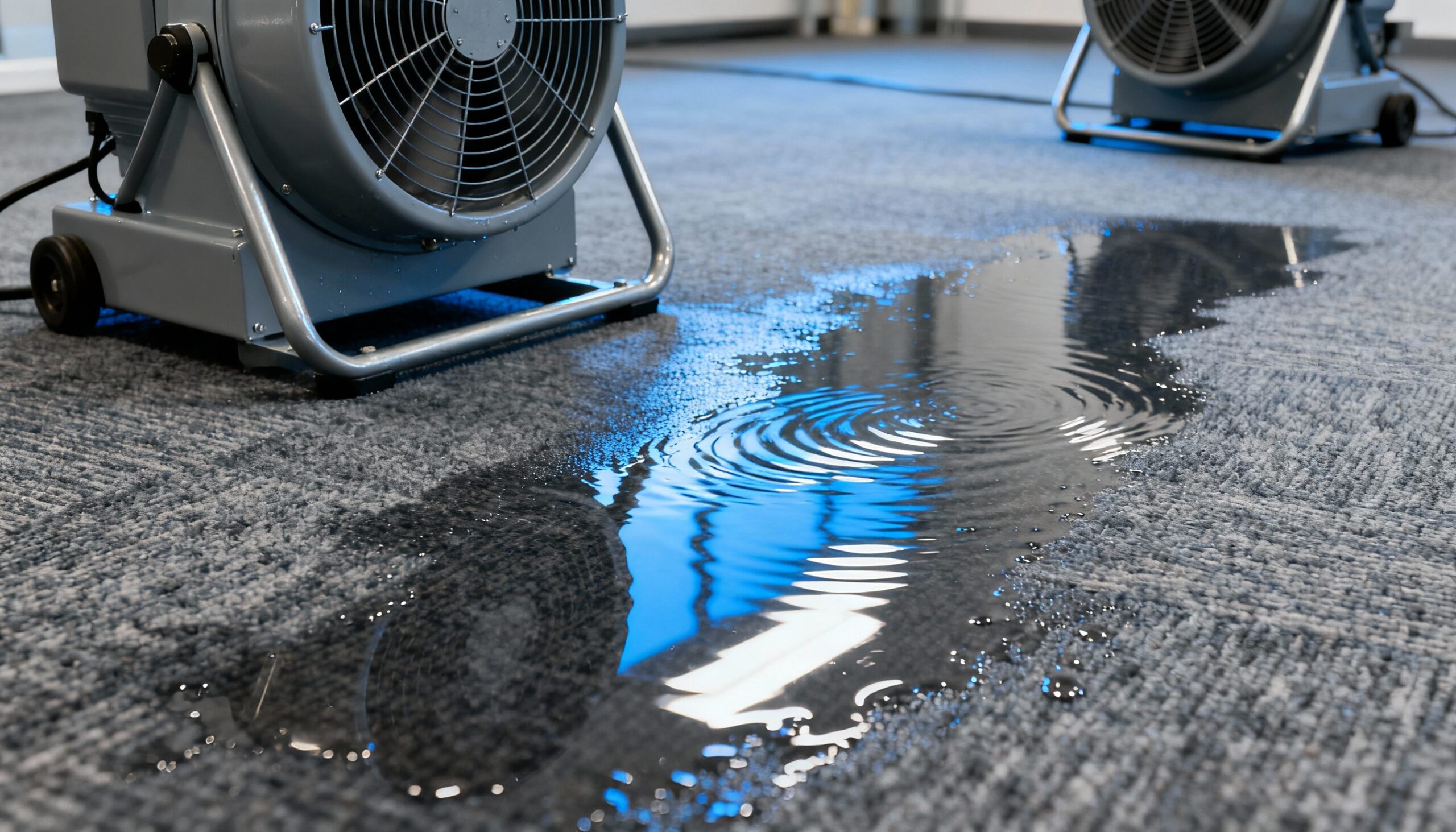 Structural Drying Process: How Professionals Remove Moisture from Buildings Industrial air movers positioned for optimal structural drying process on water damaged carpet