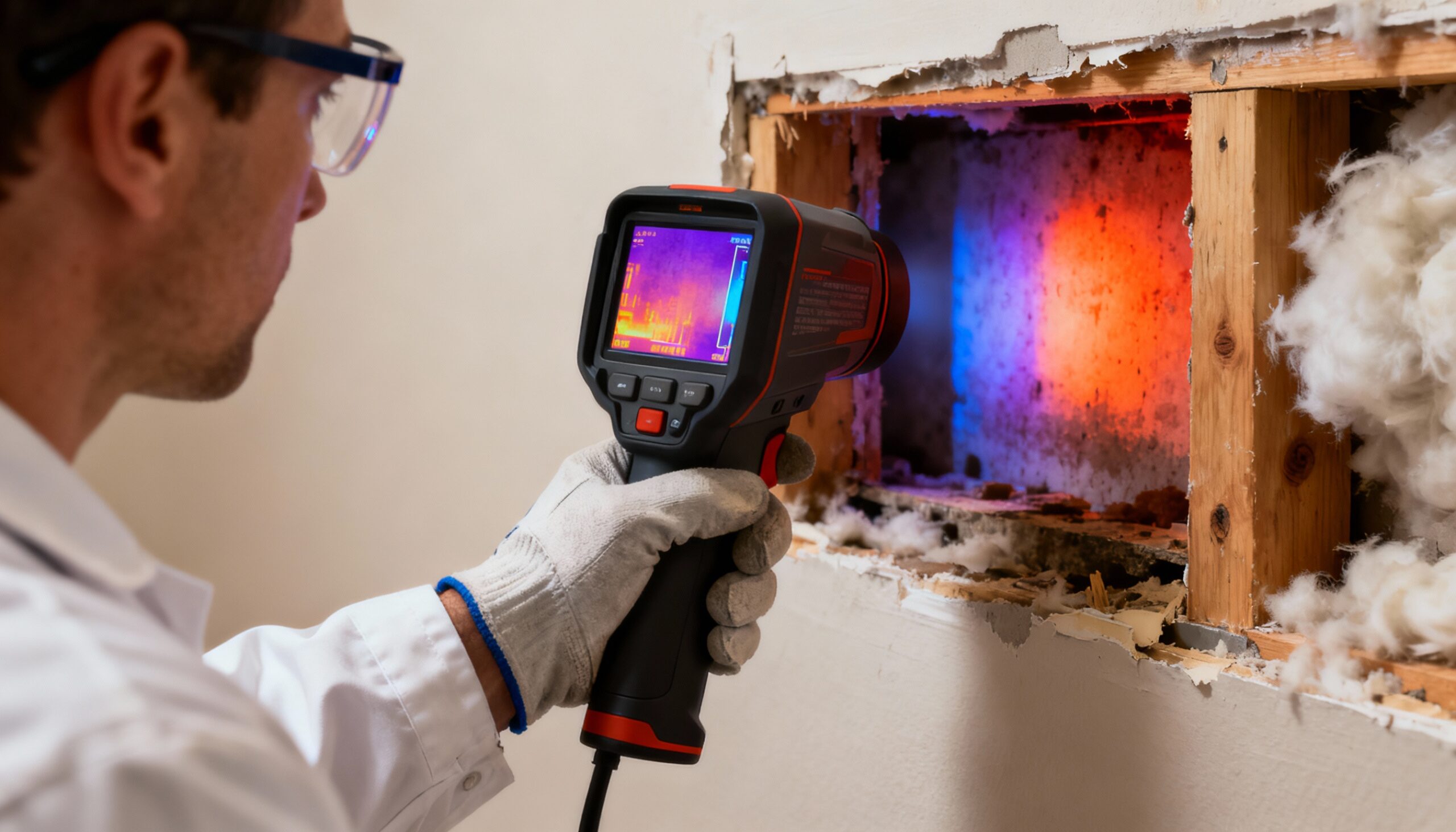 Structural Drying Process: How Professionals Remove Moisture from Buildings Thermal imaging camera detecting hidden moisture in walls during structural drying process
