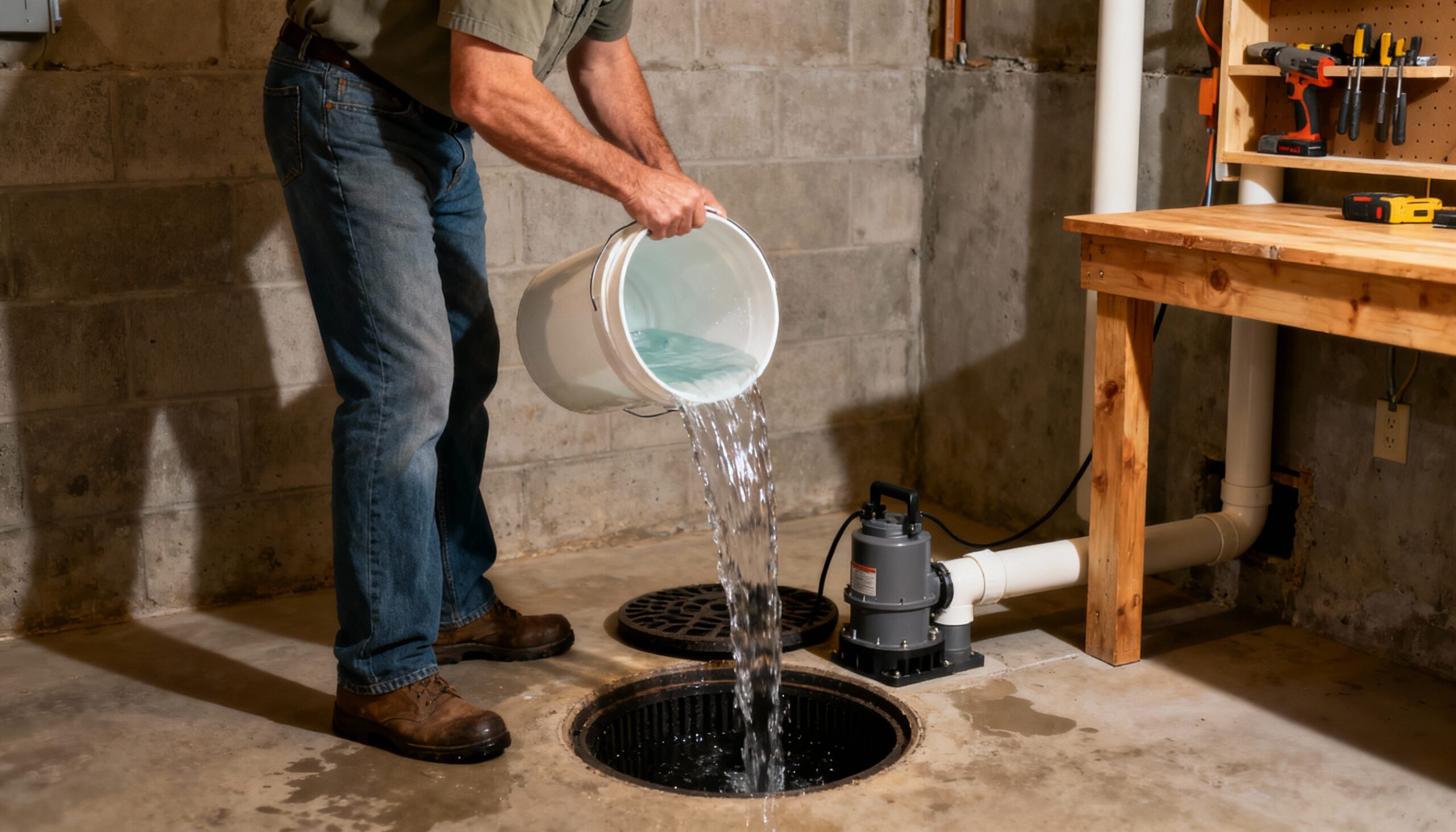 Homeowner performing monthly sump pump maintenance test to prevent failure