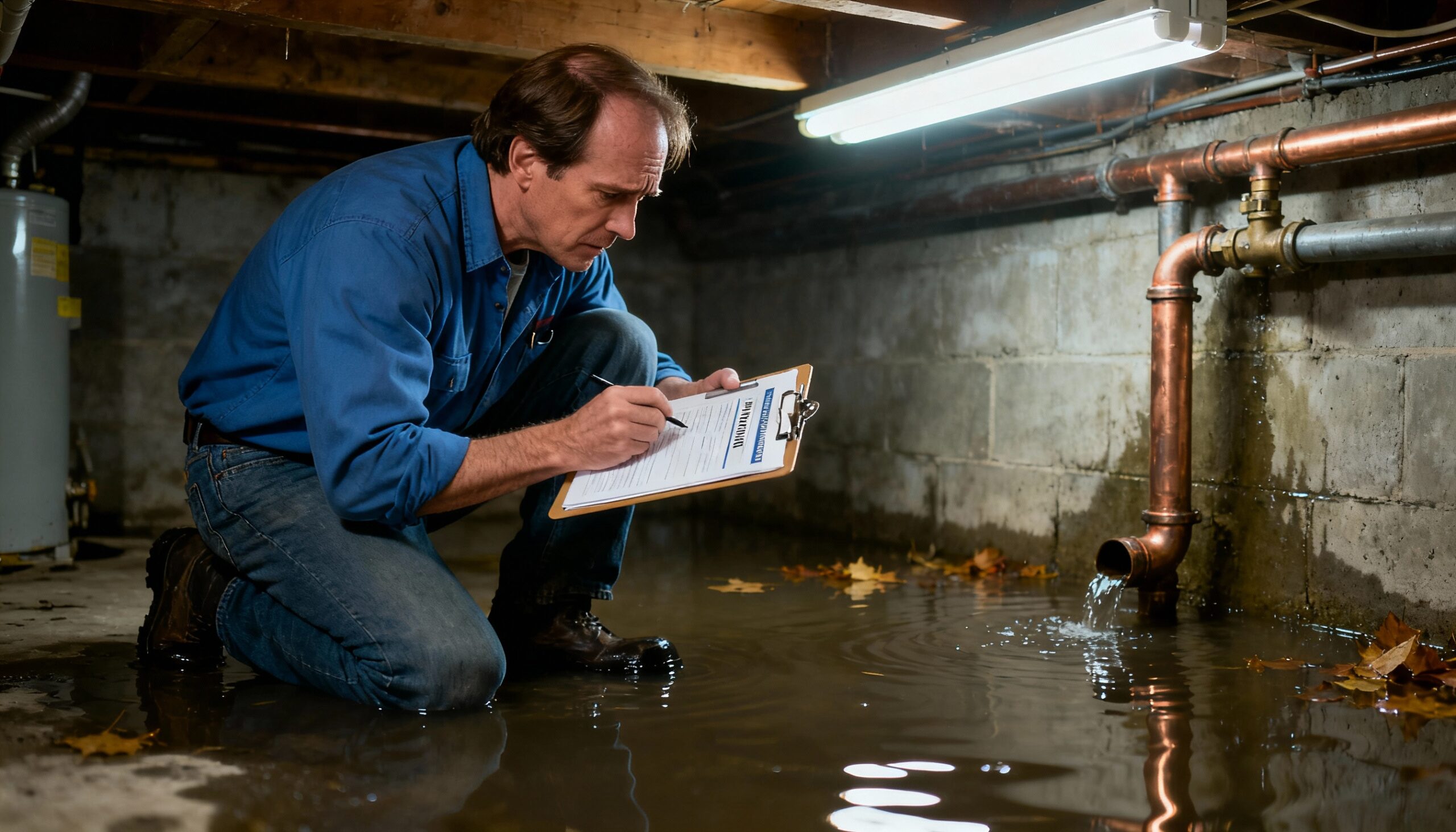 Homeowner reviewing burst pipe insurance claim documents after water damage