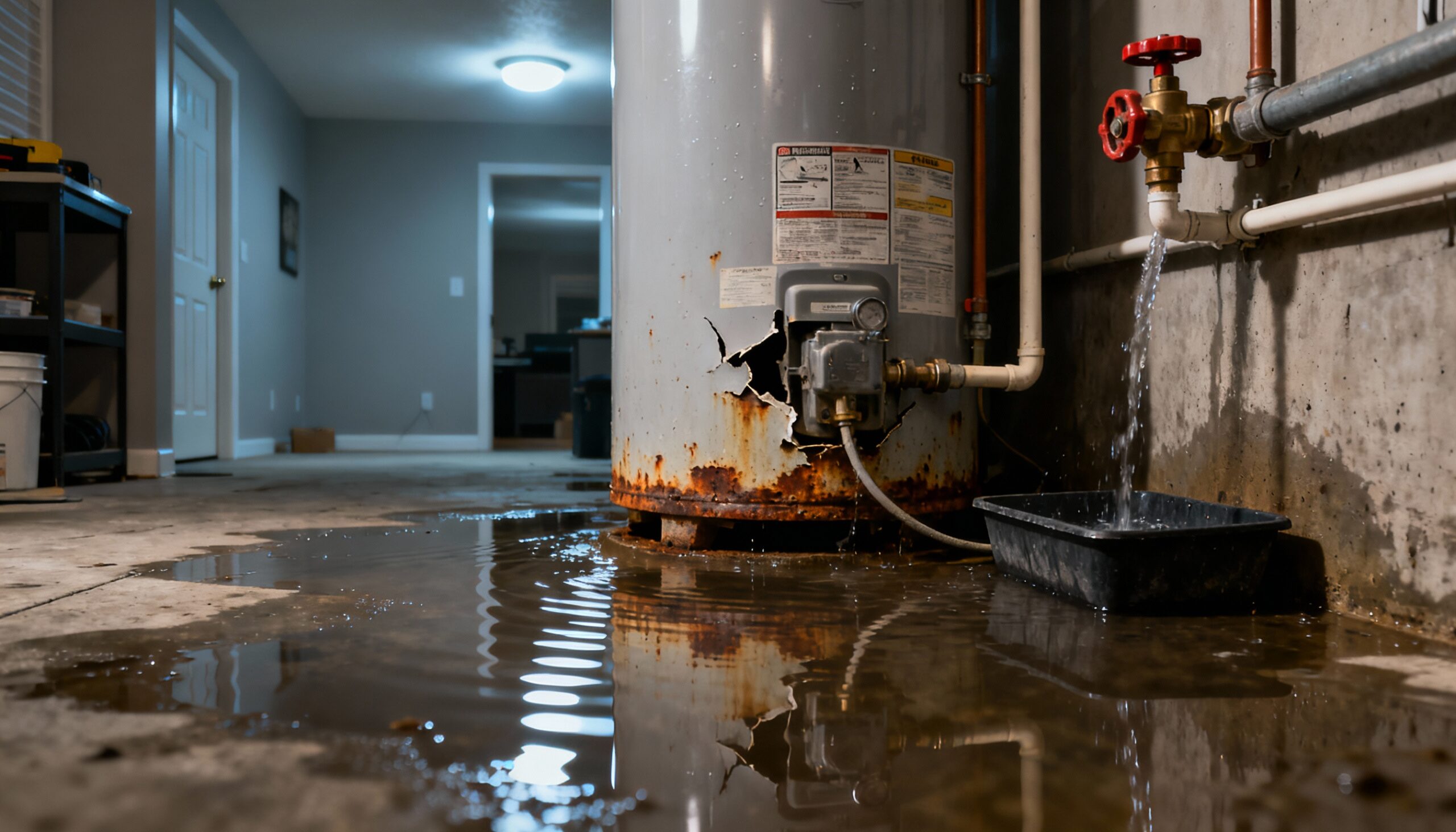 Water heater failure causing flooding in residential utility room with standing water on floor