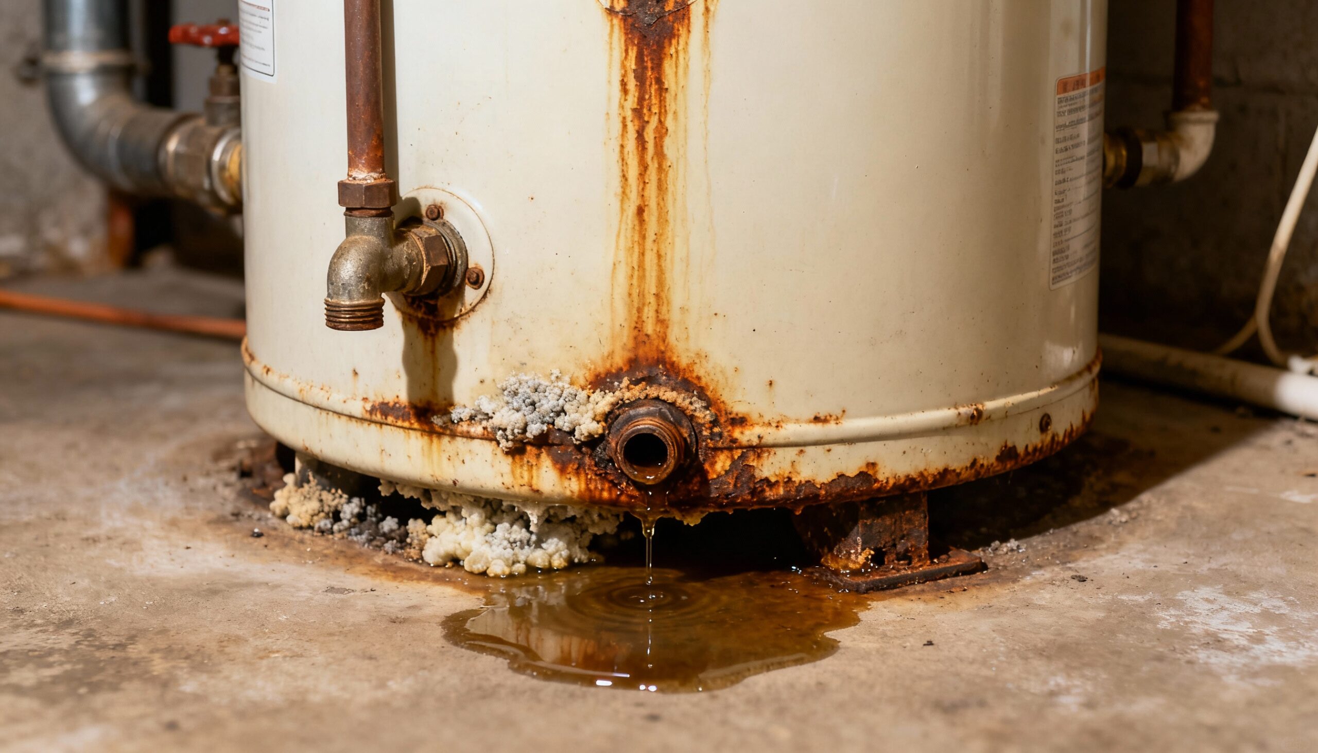 Warning signs of water heater leak including rust corrosion and moisture at tank base