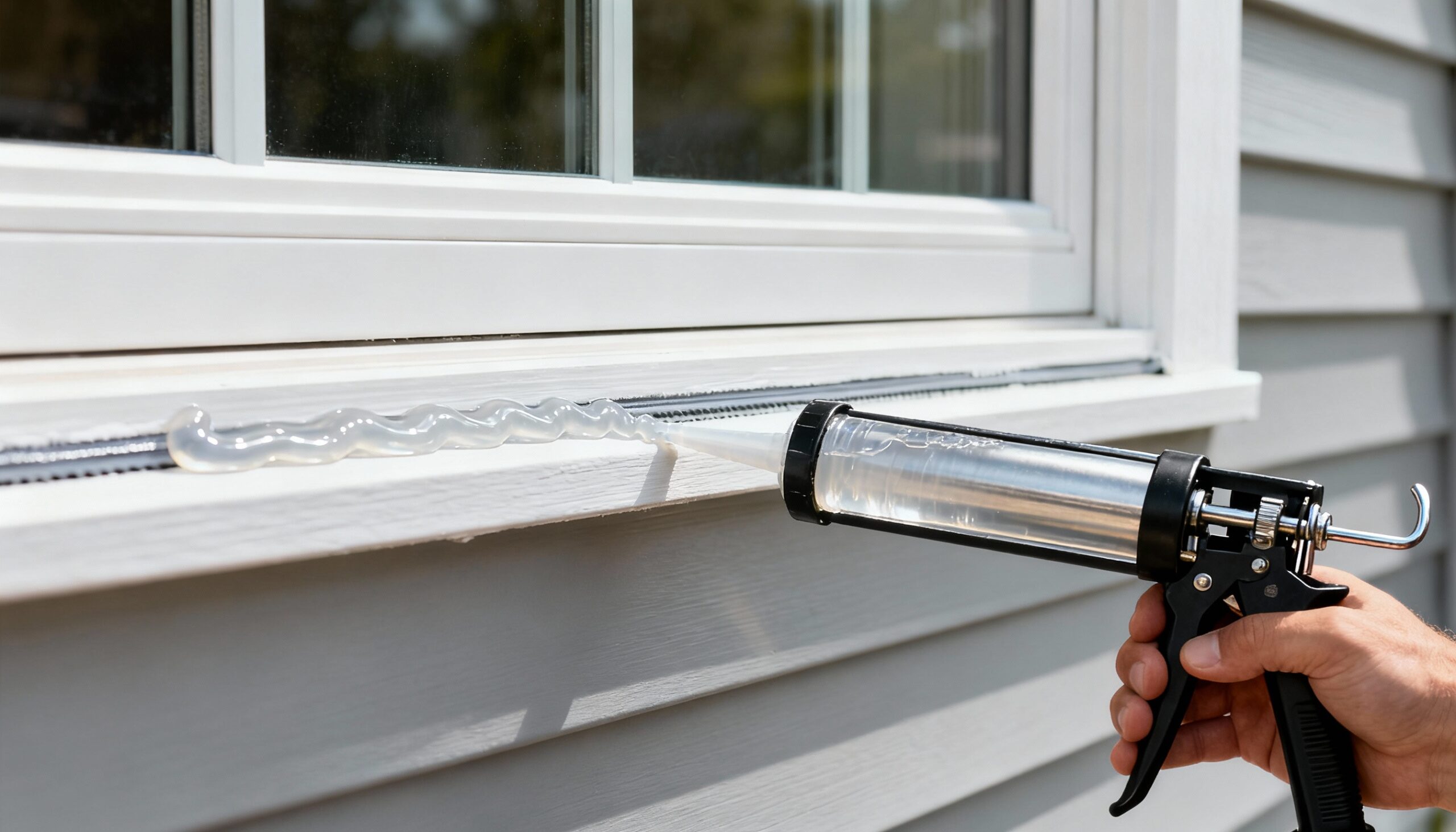 Professional window seal repair using caulk gun for water intrusion prevention