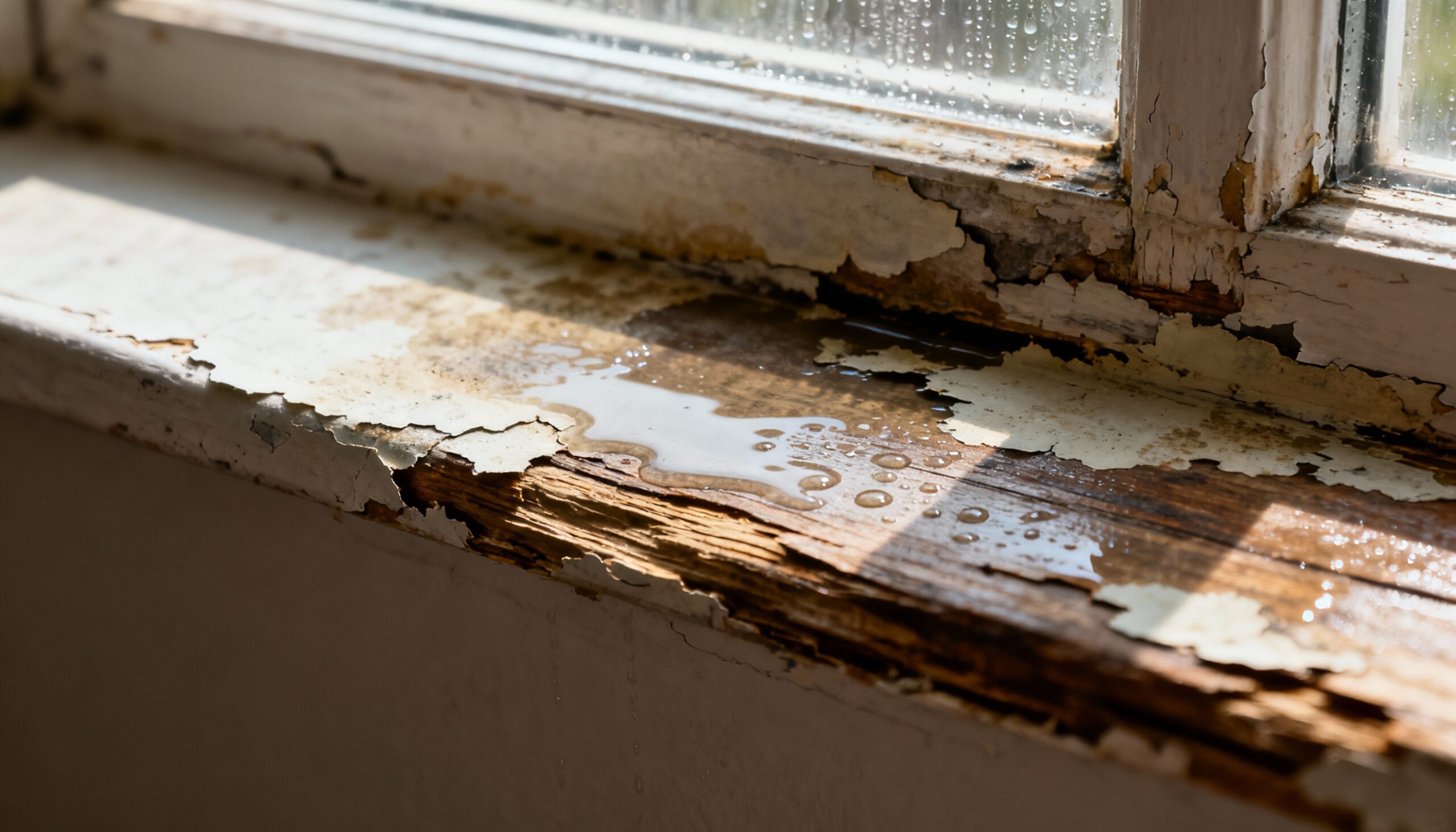 Window water damage showing stains on interior sill requiring repair