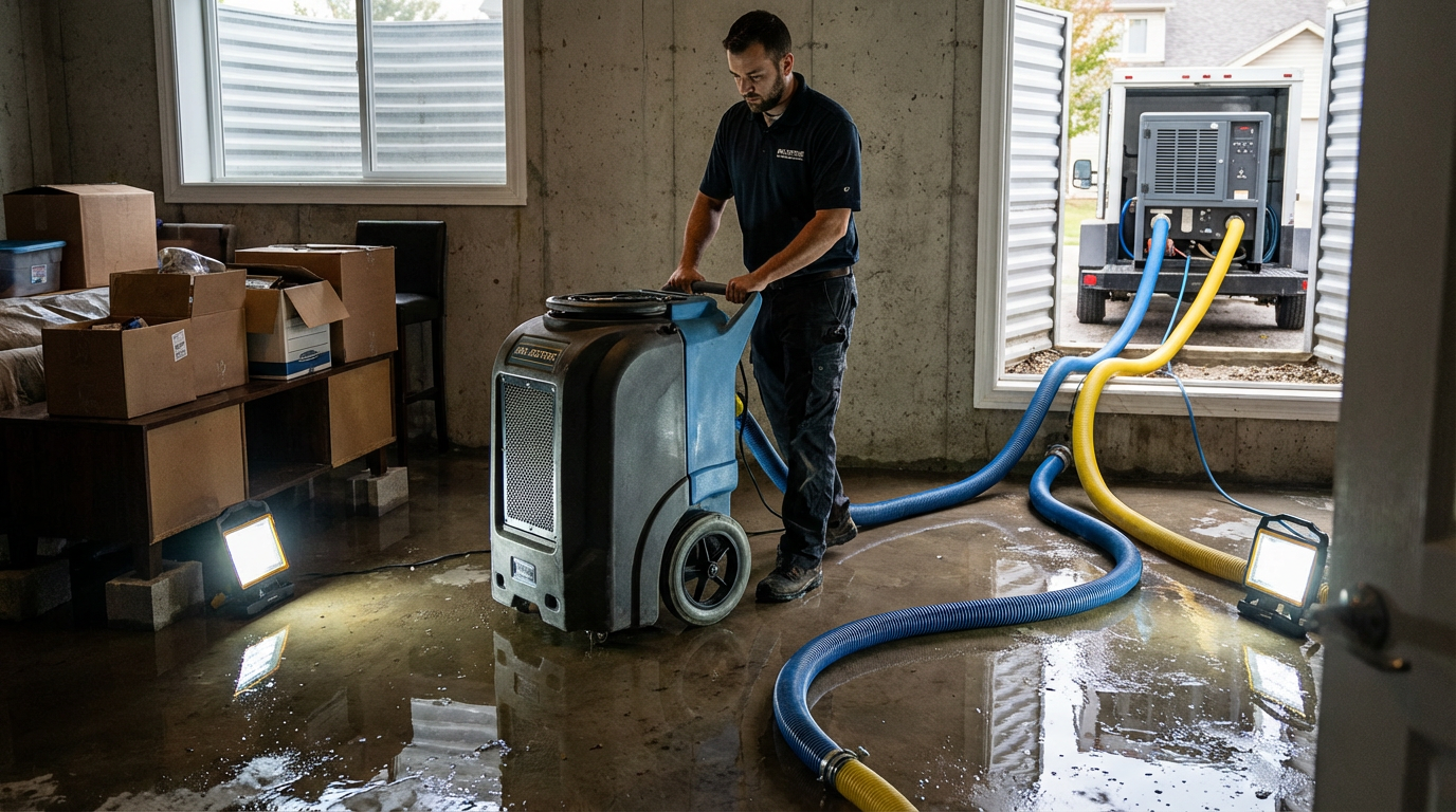 Emergency water damage in Harrisburg PA technician performing water damage emergency service in flooded basement