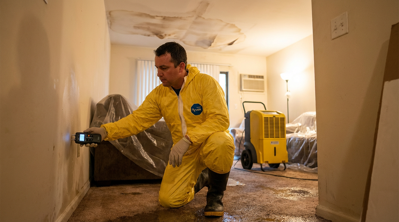 Apartment water damage in Harrisburg PA restoration technician inspecting flooded living room with moisture detection equipment