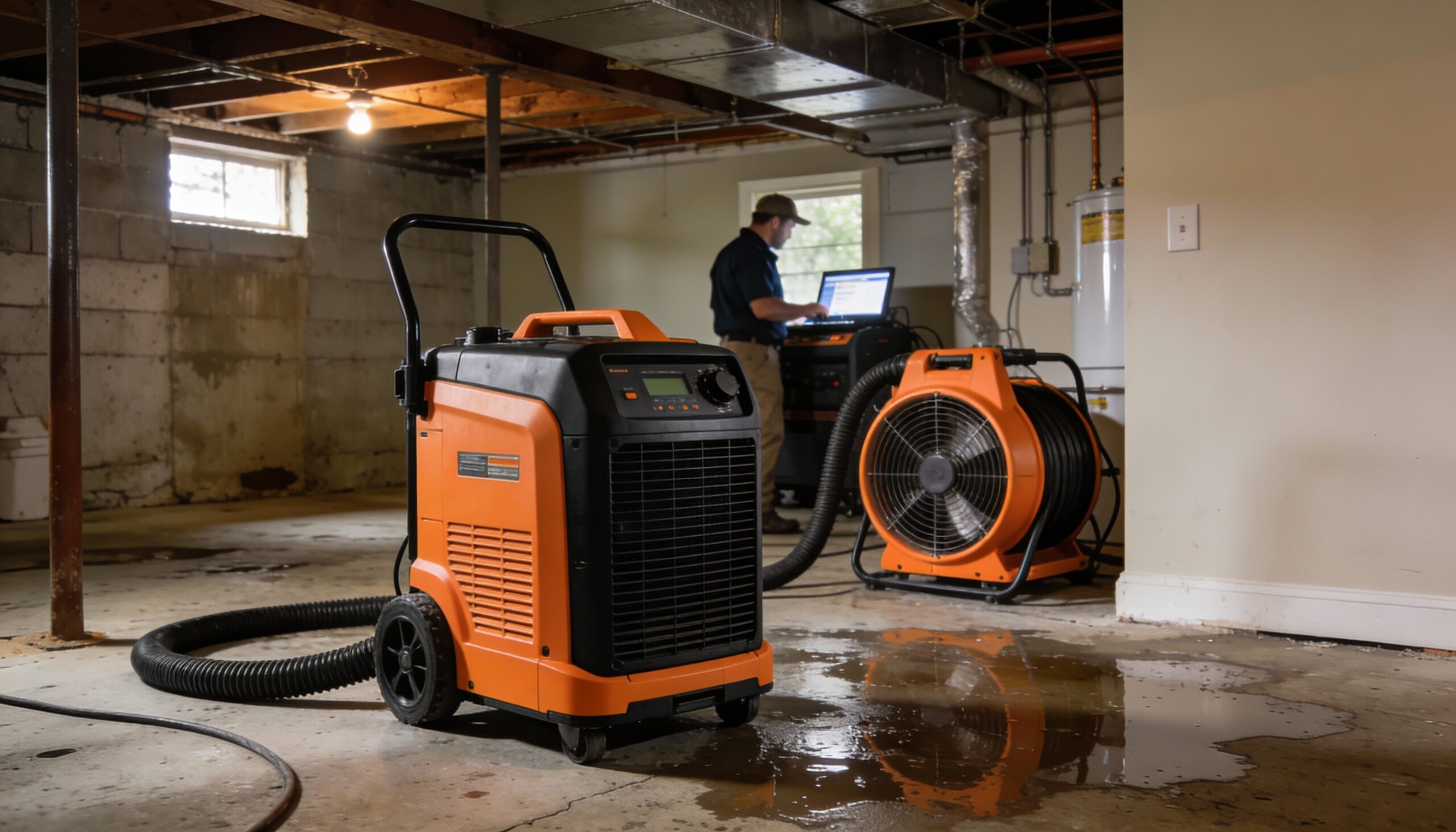 Basement Waterproofing vs Water Damage Restoration in New Hampton: Key Differences Water damage restoration equipment drying basement in New Hampton home