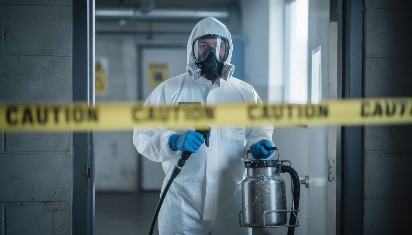 Professional biohazard cleanup technician in full protective equipment ready for remediation work