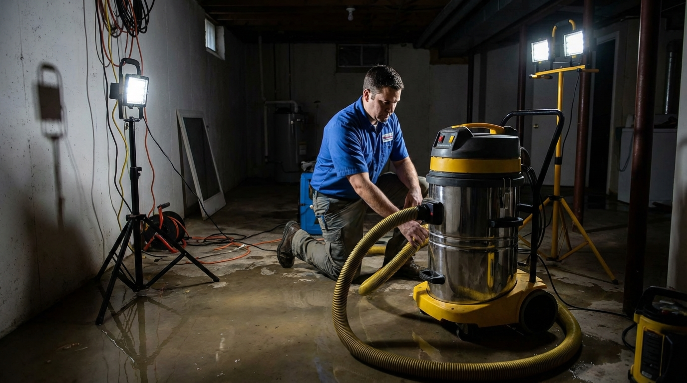 Pipe burst cleanup in Harrisburg PA technician extracting burst pipe water damage from flooded basement