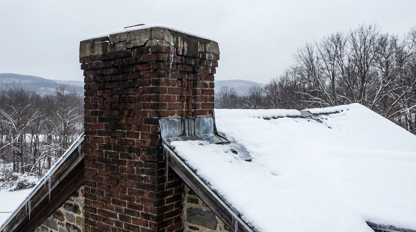 Chimney leak in New Hampton NY showing winter snow and ice damage on residential brick chimney
