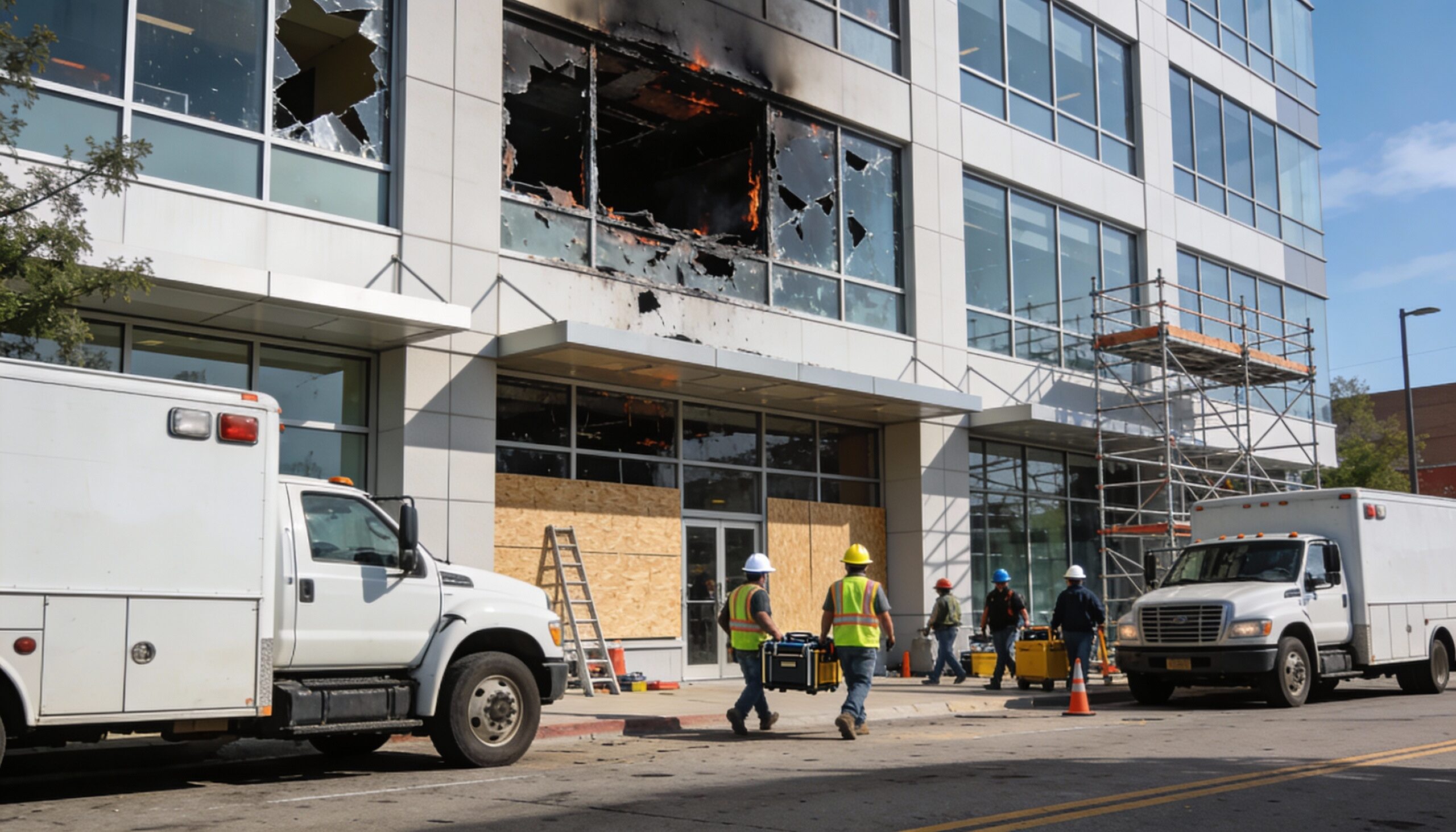 Commercial fire damage restoration team working on office building with equipment and safety gear to minimize business downtime