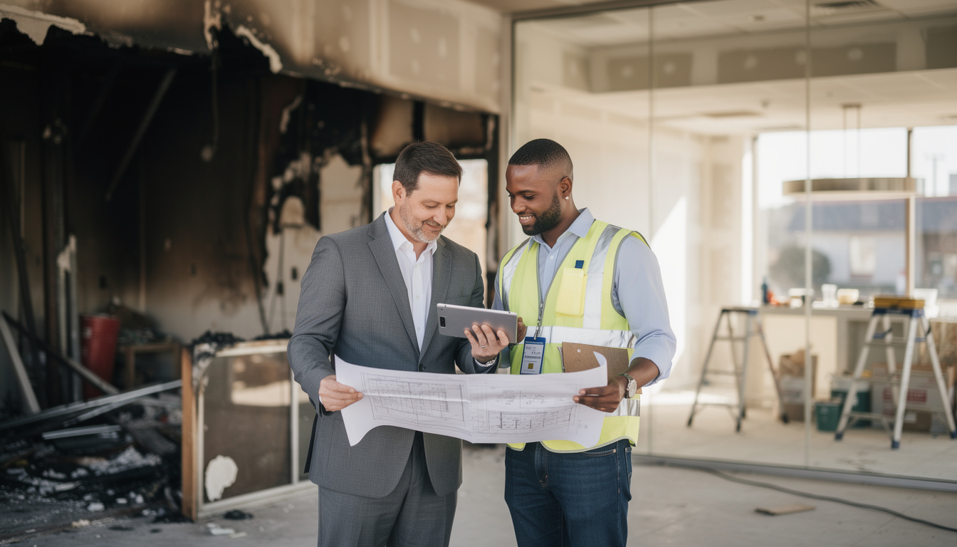 Business owner consulting with commercial fire damage restoration manager about recovery timeline to minimize operational downtime
