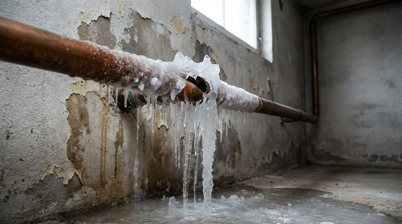 Rental property water damage from frozen burst pipe - water damage prevention in Fairfield