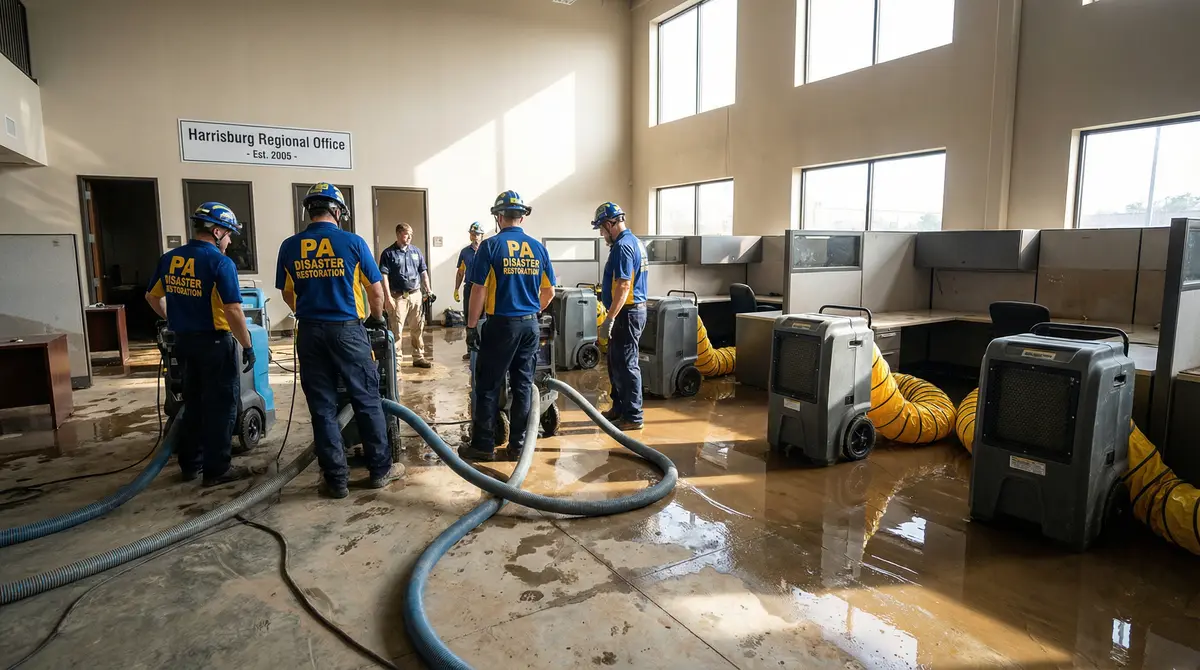 Commercial water damage cleanup in Harrisburg PA. Team extracting standing water from flooded Harrisburg PA office building