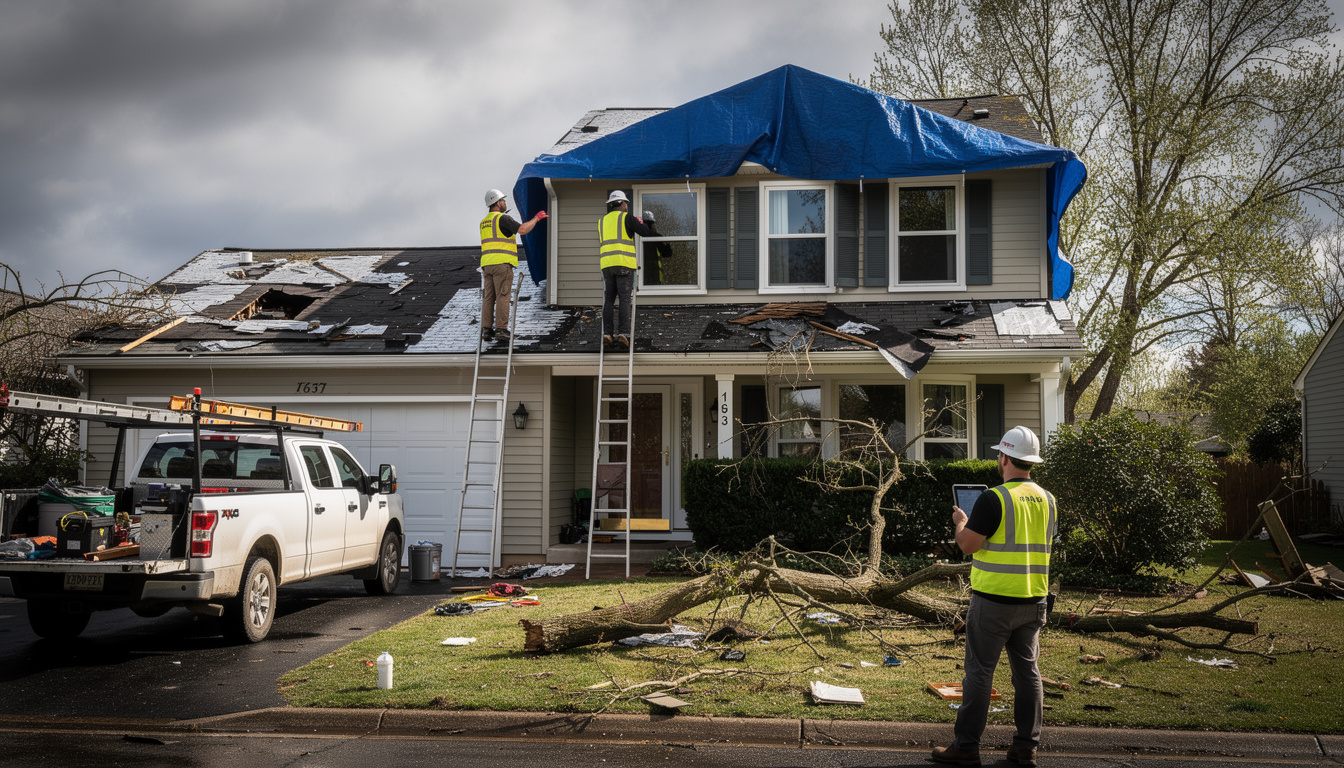 Professional storm damage restoration service team inspecting residential roof and documenting wind damage for repairs