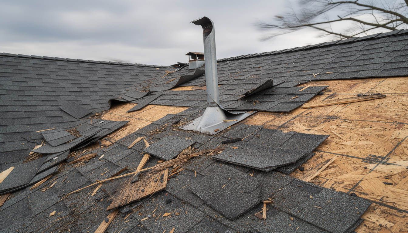 Wind damage restoration needed for residential roof with missing shingles and exposed decking after severe storm