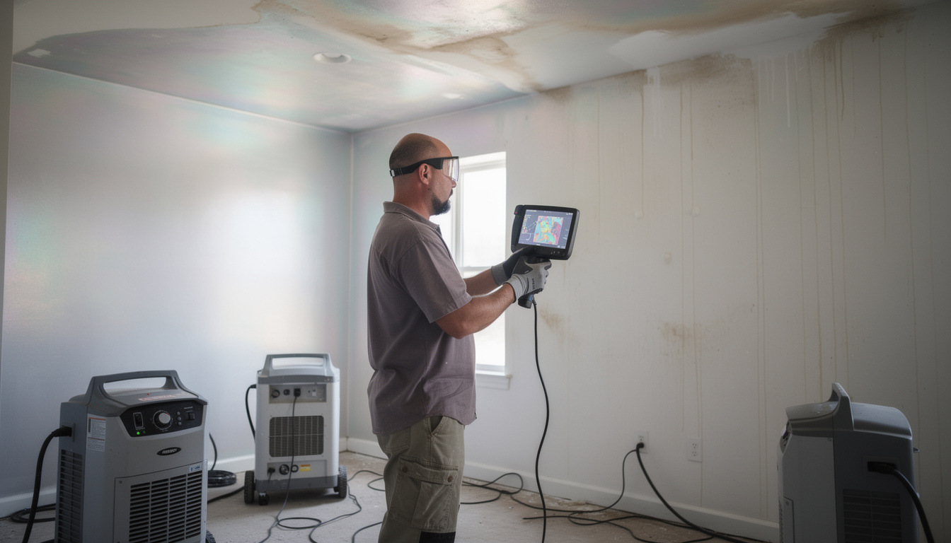 Storm damage repair technician using moisture detection equipment during water extraction and structural drying process