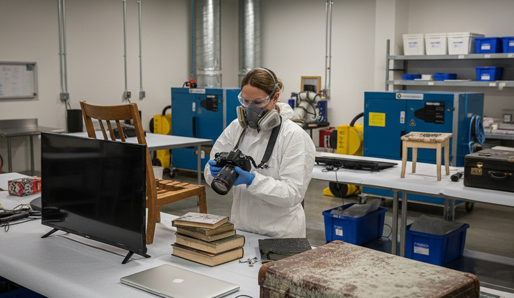 Professional contents restoration services documenting and treating water-damaged belongings in specialized facility