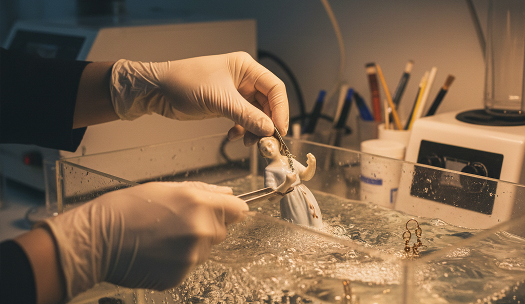 Content cleaning service specialist using ultrasonic equipment to restore delicate items after disaster damage