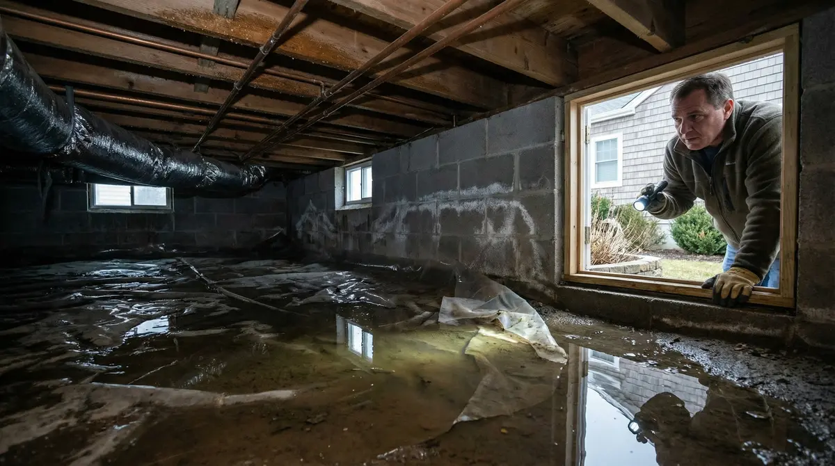 Water in crawl space in Toms River home showing standing water and moisture damage on floor joists