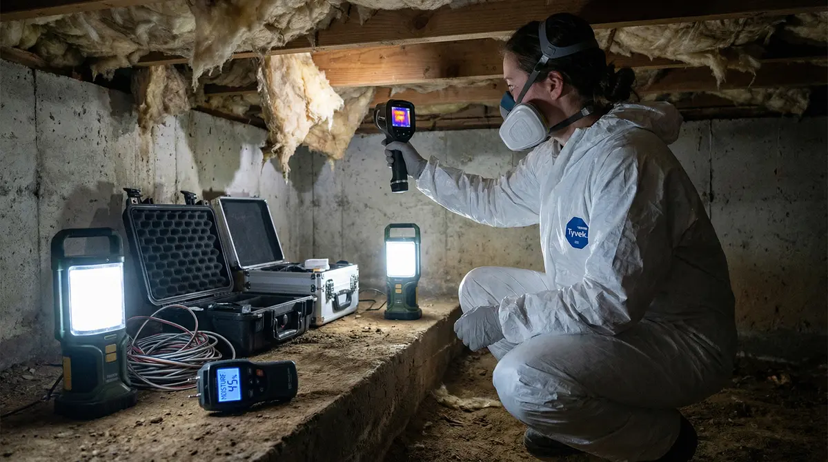 Crawl Space Moisture Problems in Toms River Homes: Detection and Solutions Professional technician detecting water in crawl space in Toms River using thermal imaging equipment
