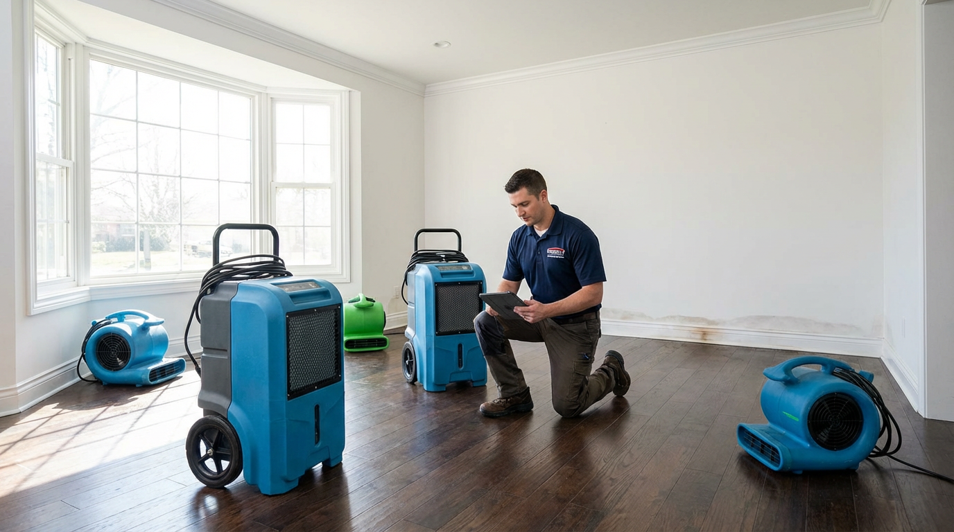 Professional dehumidification in Toms River NJ with industrial dehumidifiers and air movers drying out flooded house after water damage