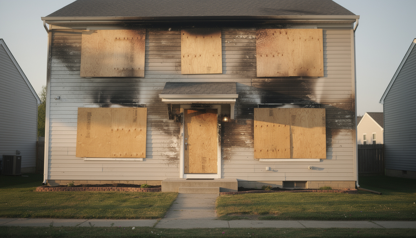 Residential property fully secured with professional board up services after fire damage