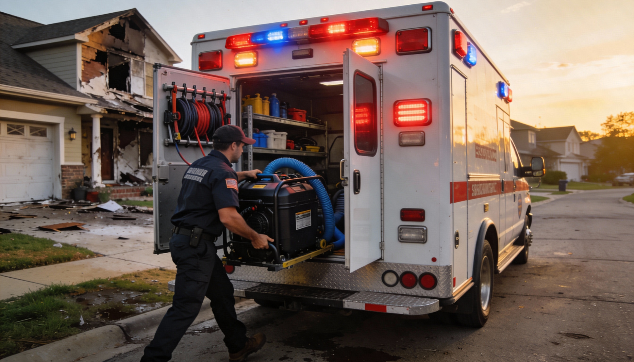 Emergency restoration services team responding to residential property damage with professional equipment