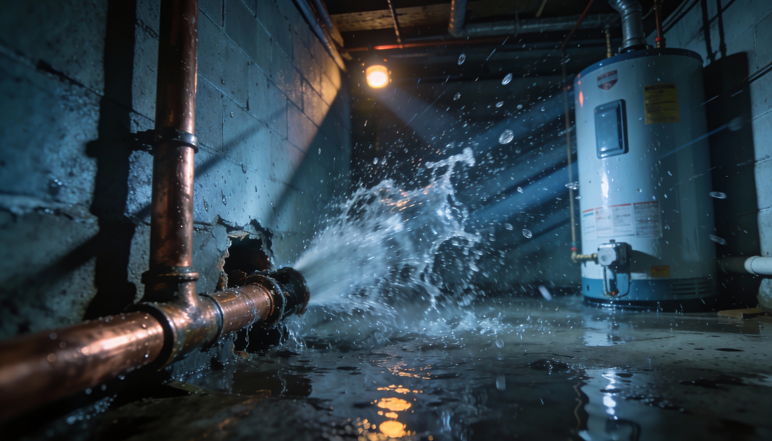 Burst pipe creating water damage emergency requiring immediate restoration services