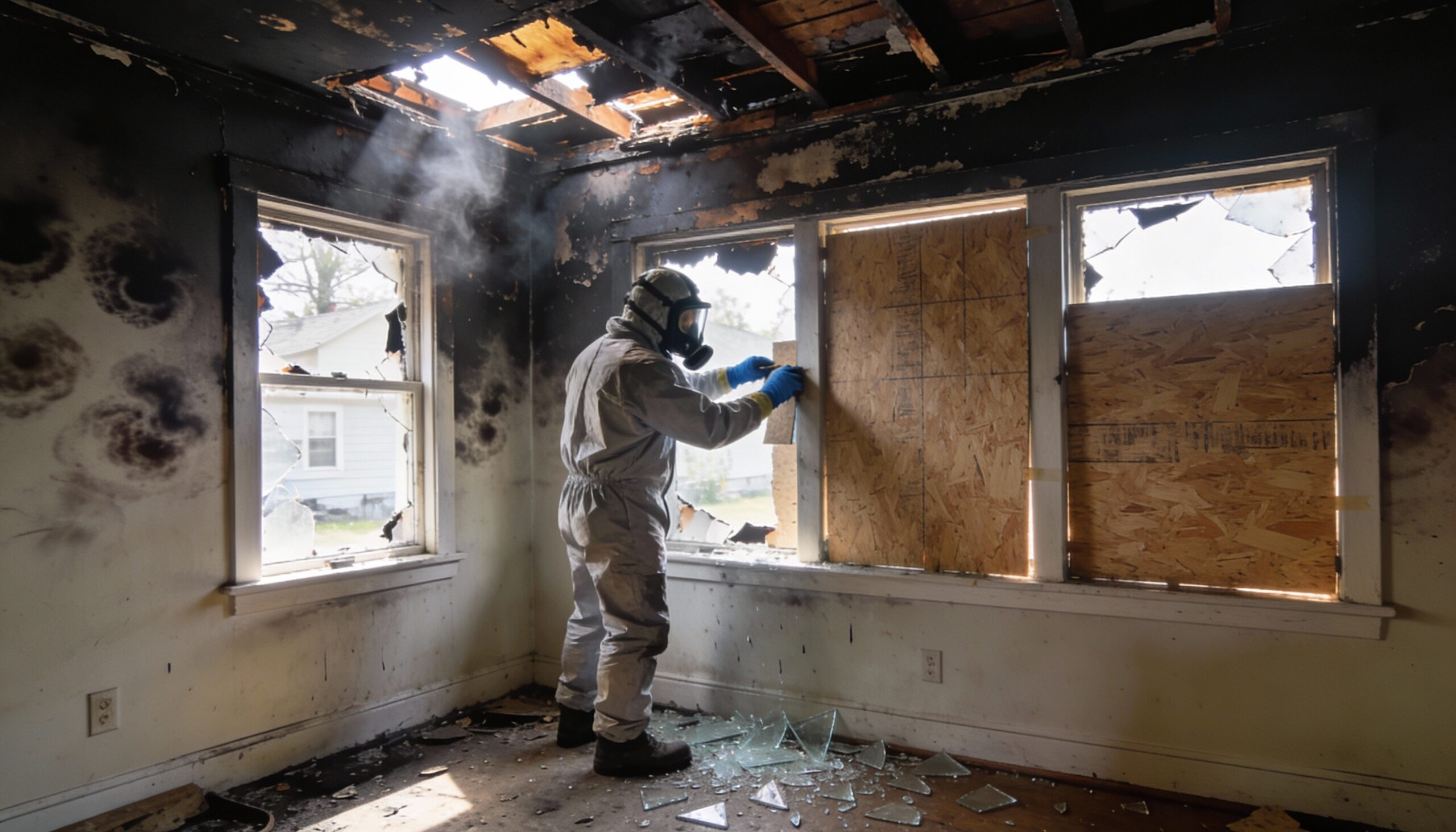 Fire damage requiring emergency damage restoration and board-up services