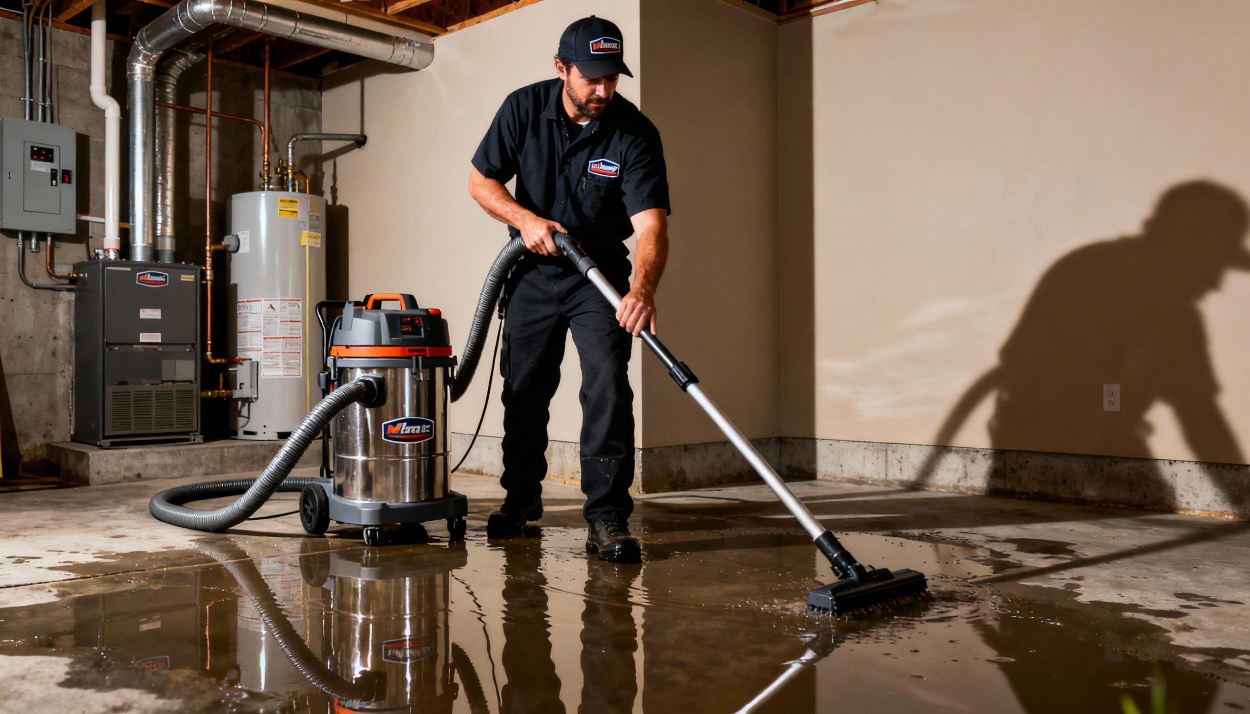 Water damage emergency response team extracting flood water from Fairfield NJ home basement