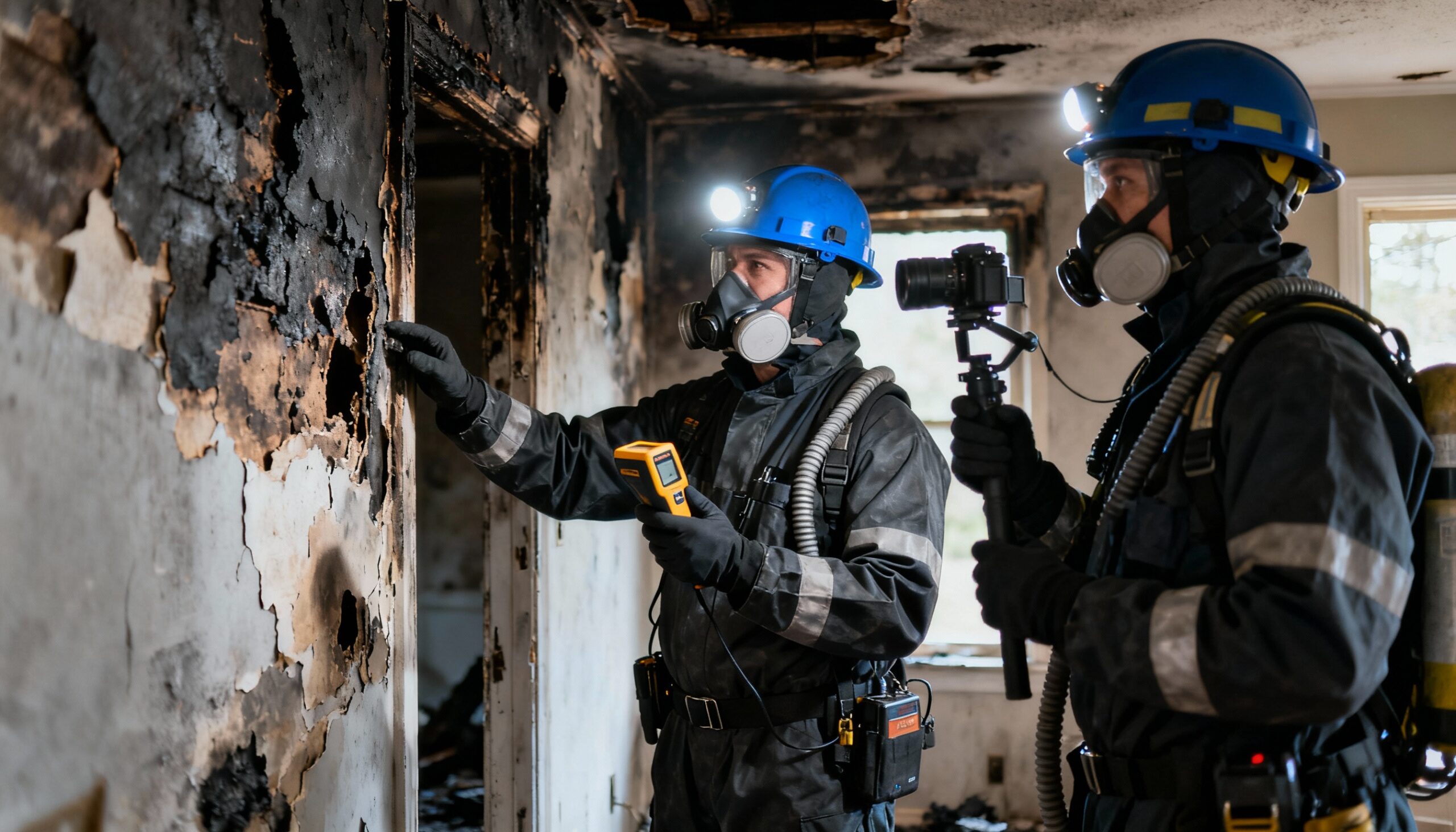 Professional fire damage restoration company team assessing smoke and soot damage in residential property