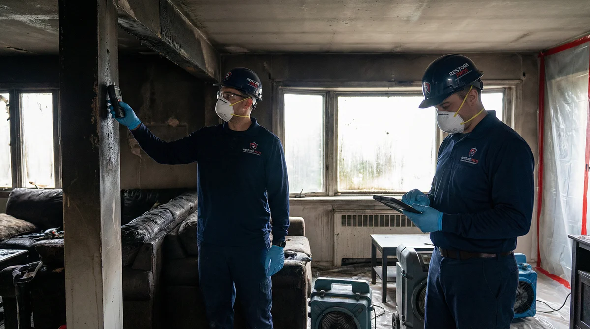 Fire damage repair in New Hampton NY - professional restoration team assessing smoke-damaged home