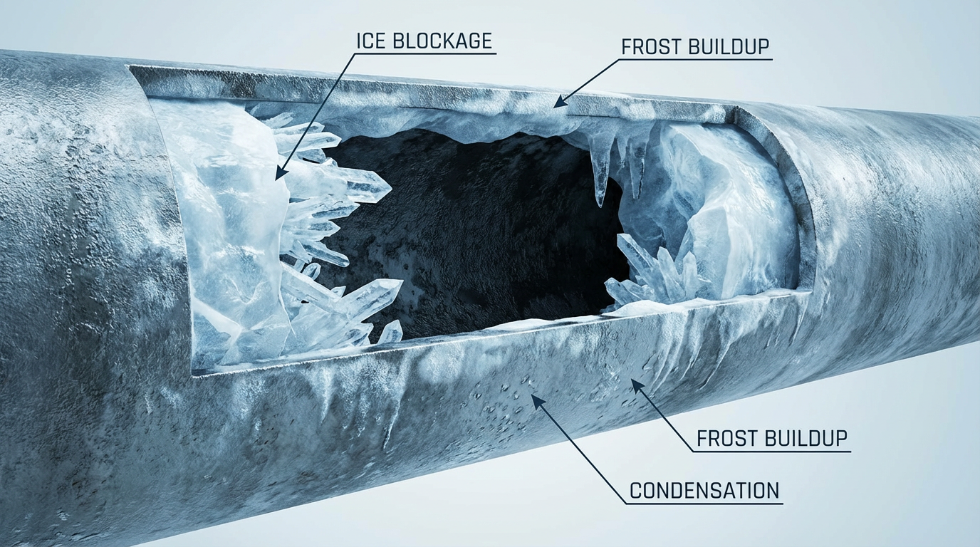 Septic tank frozen in New Hampton showing ice blockage that requires professional frozen septic line repair