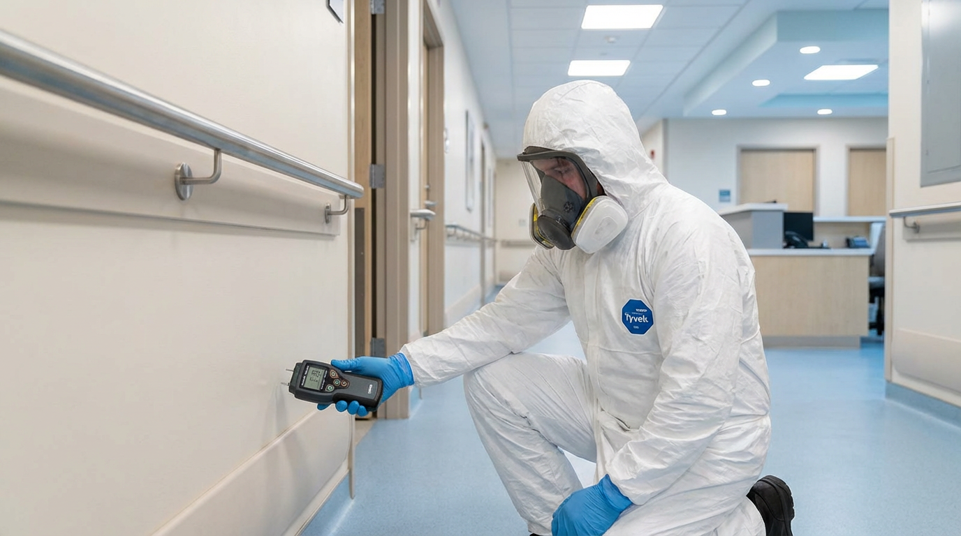 Healthcare facility mold remediation technician in protective gear inspecting hospital wall in Fairfield NJ