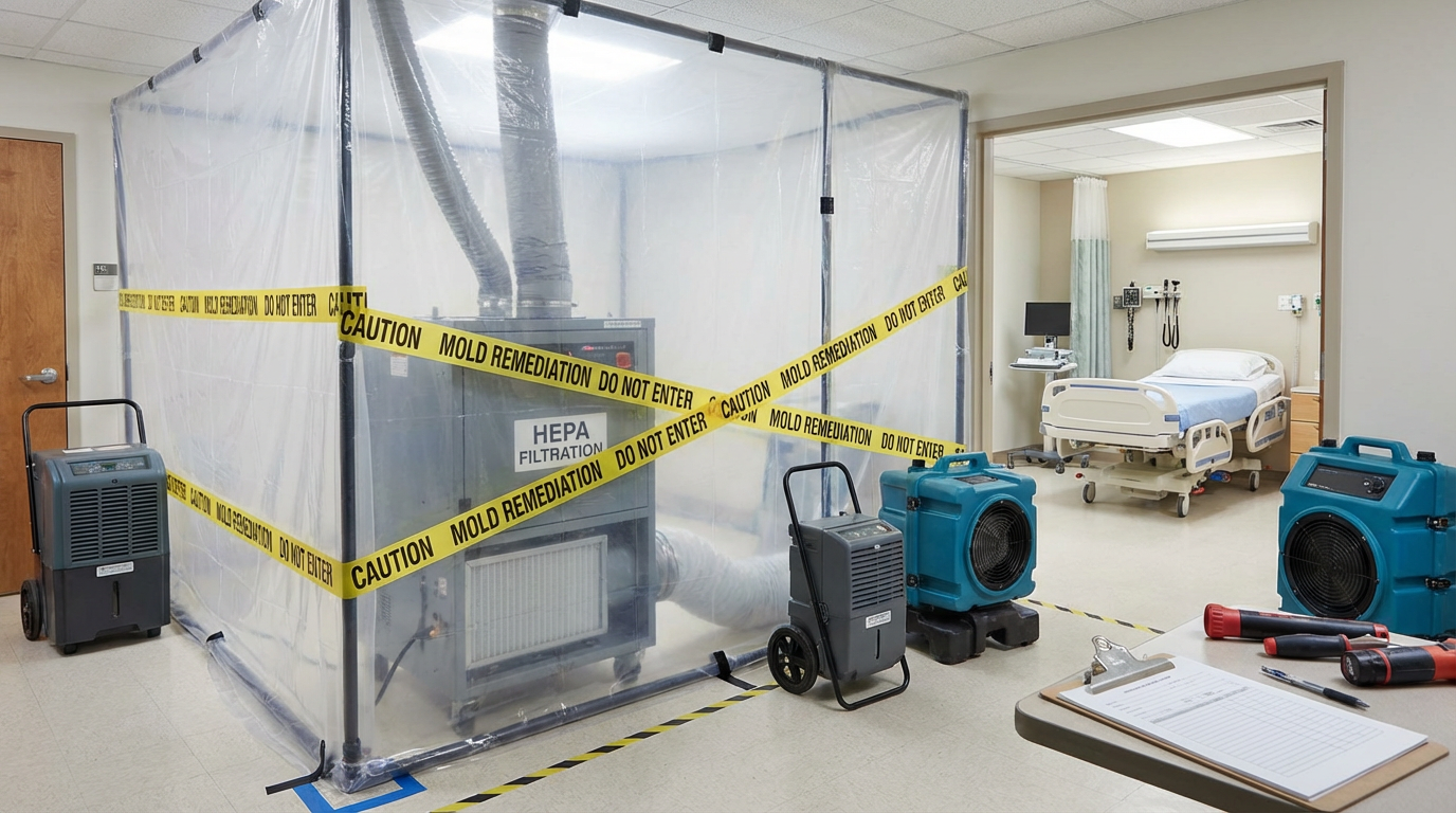 Healthcare Facility Mold Remediation in Fairfield: Compliance and Rapid Response Hospital mold remediation containment barriers and HEPA air filtration equipment protecting patient areas