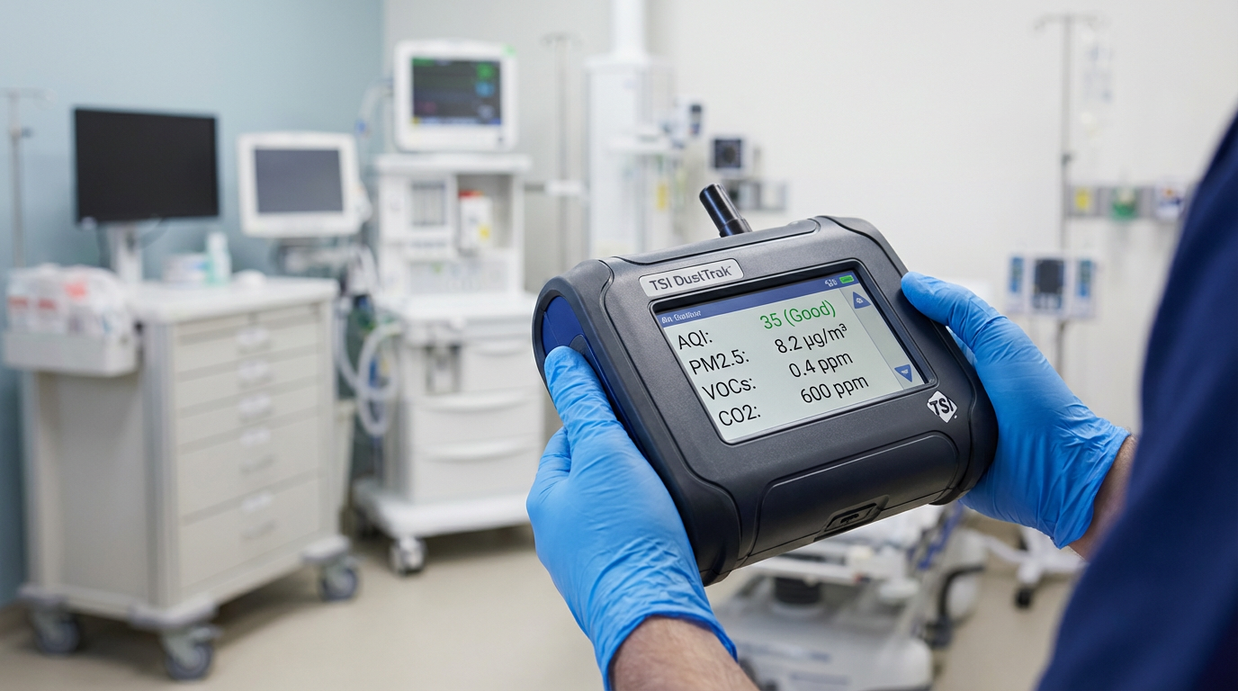 Healthcare Facility Mold Remediation in Fairfield: Compliance and Rapid Response Air quality testing device measuring mold spore levels during medical facility mold removal in Fairfield