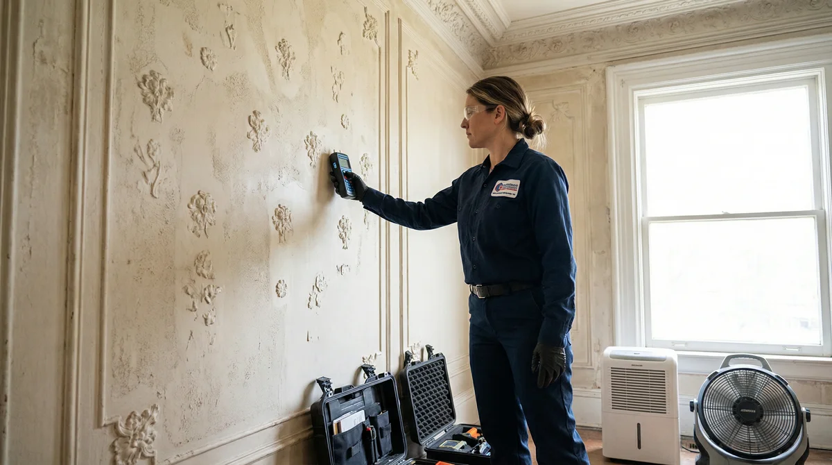 Historic Harrisburg Homes: Special Considerations for Water Damage Restoration Professional assessing water damage in Harrisburg PA historic home plaster walls