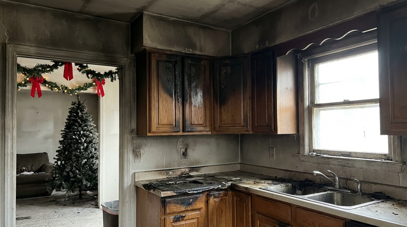 Kitchen fire damage in Toms River NJ - holiday cooking fire destruction in residential kitchen
