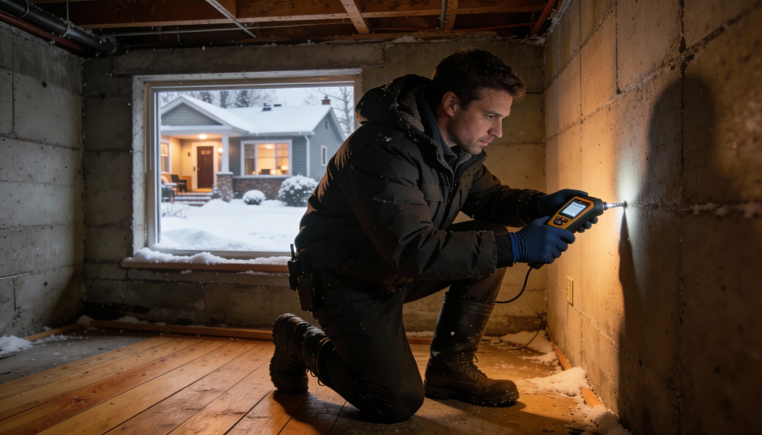 Professional inspector checking for signs of water damage in Fairfield NJ home during winter