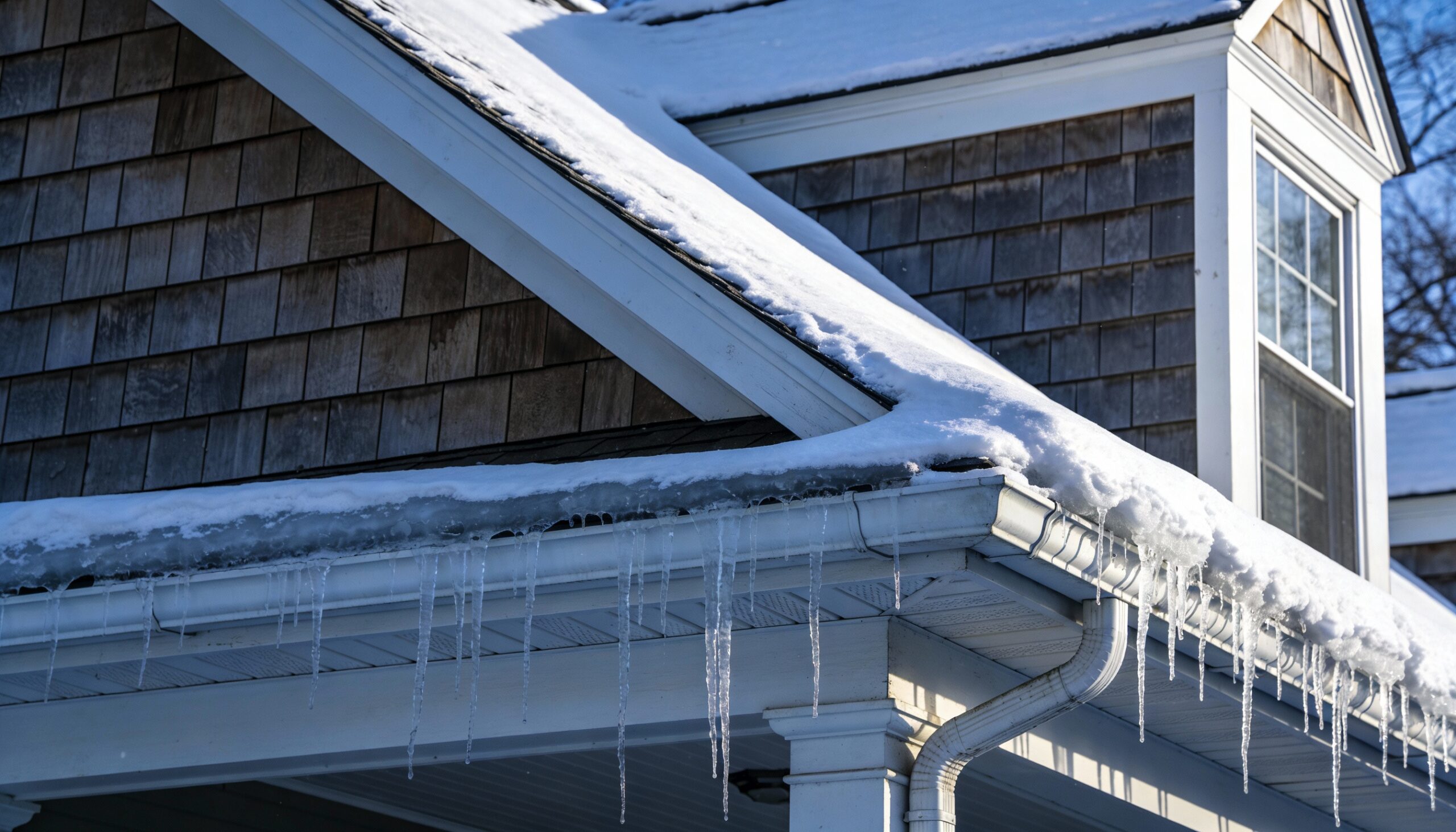 Ice dam formation causing hidden water leak signs in Fairfield NJ