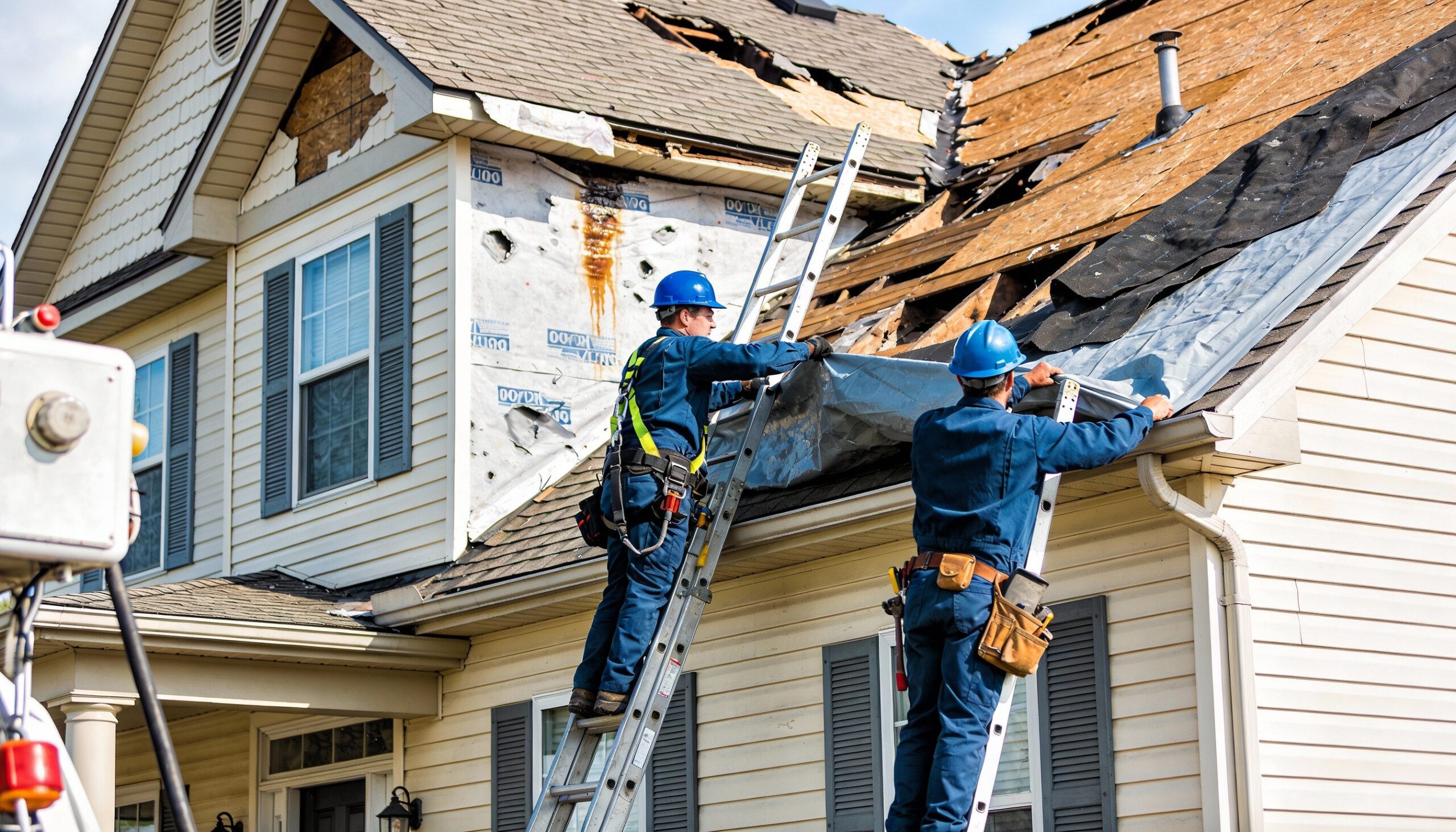 Storm damage repair crew installing emergency tarp on residential roof with visible wind damage