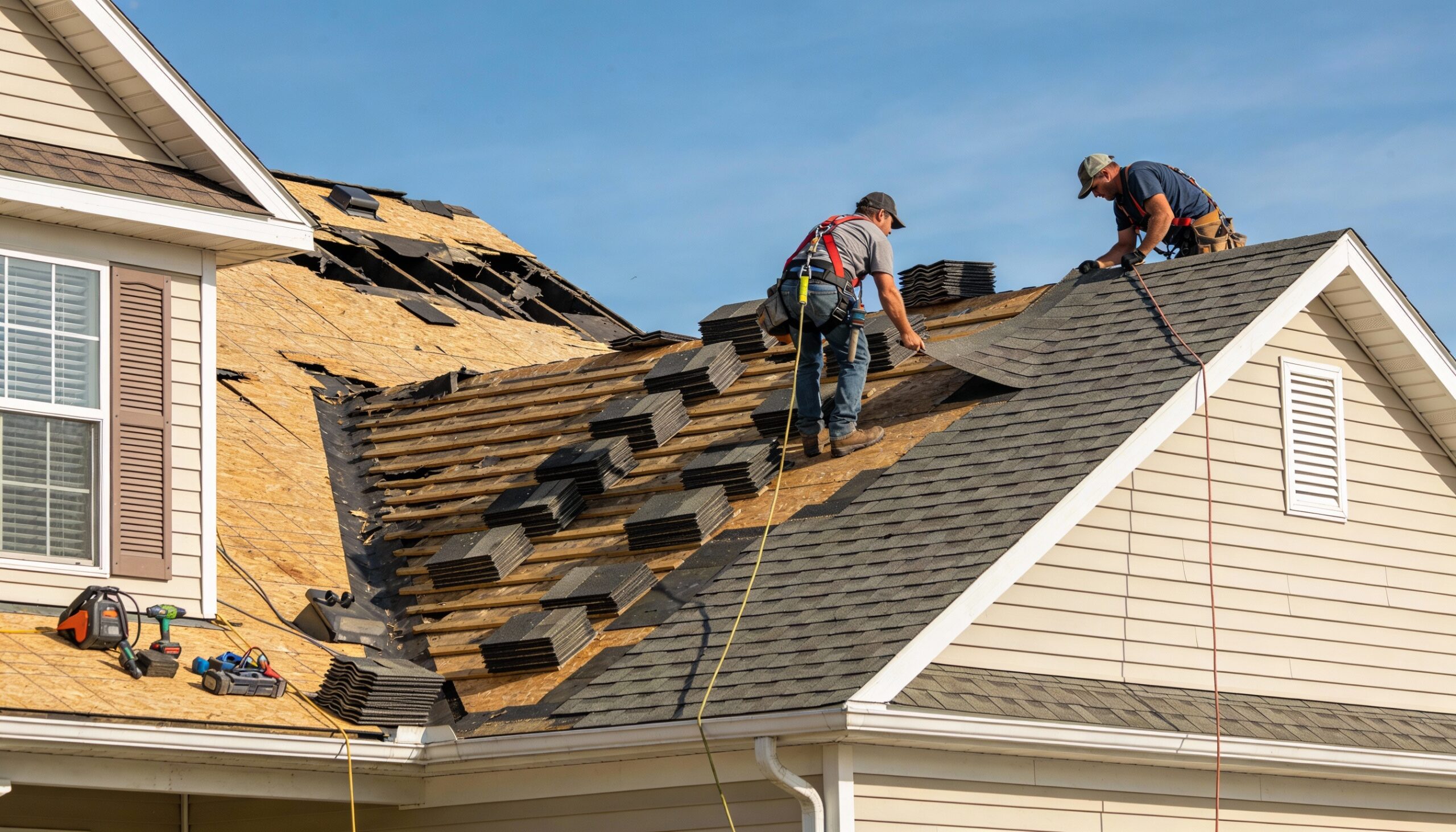 Roofing contractors installing new shingles during storm damage repair reconstruction phase