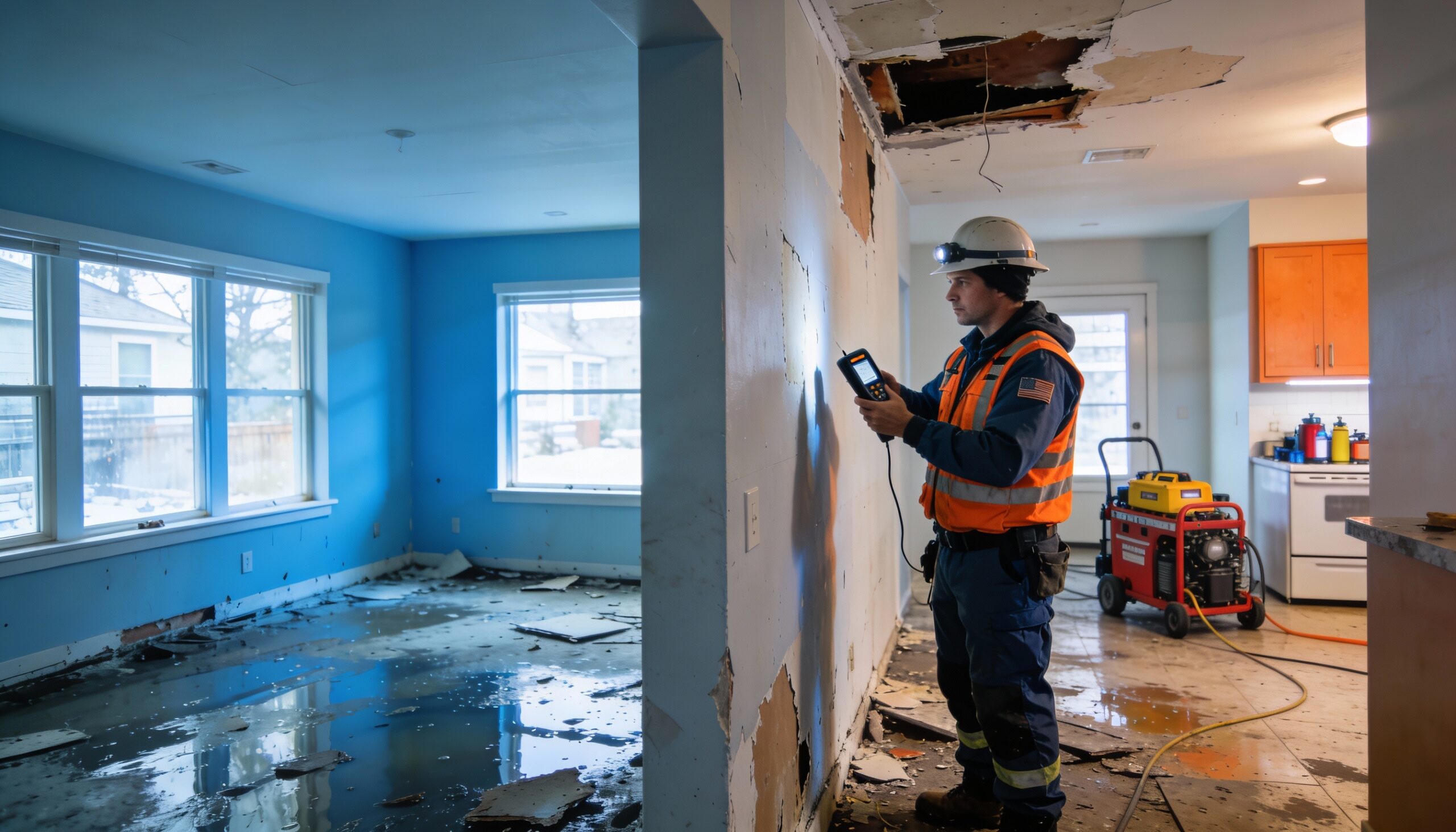 Professional restoration technician inspecting water damage in residential property with moisture detection equipment