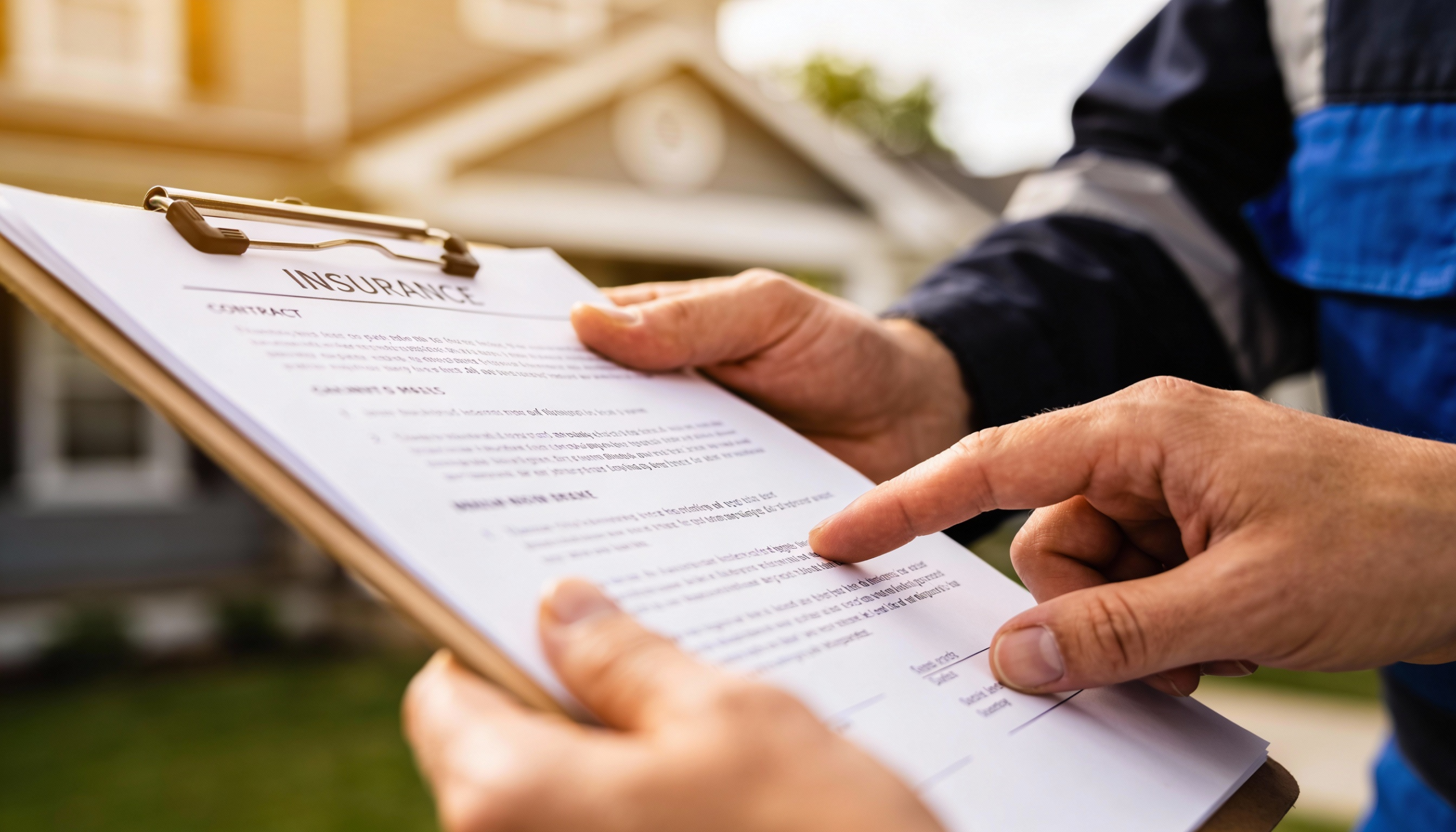 Homeowner reviewing disaster restoration contract with professional contractor showing transparent documentation